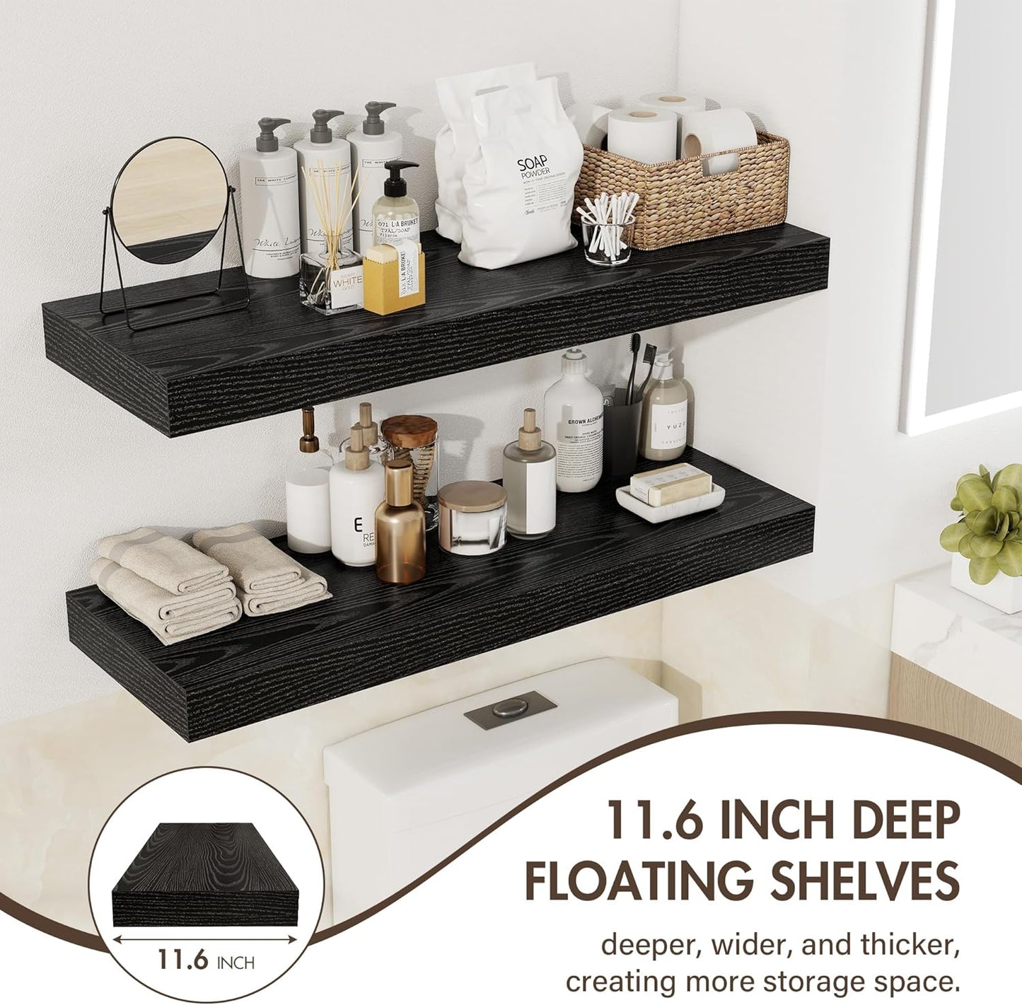 36 Inch Floating Shelves, 12" Deep Floating Shelf Wall Mounted, 36" Wall Shelves, Rustic Deep Bookshelf, Extra Deeper & Thicker Display Shelves for Bedroom, Living Room, Black, Set of 2