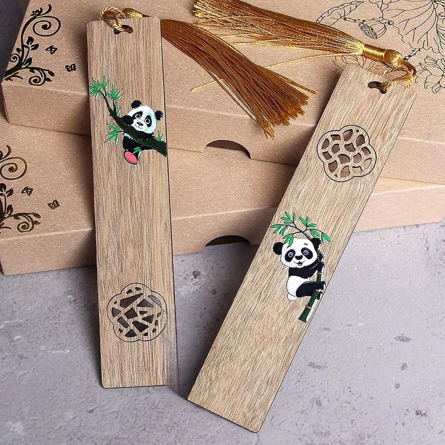 2pcs Wooden Bookmark,Personalized Page Markers 5.71"x1.18" Wooden Bookmark Set Book Accessories, Hollowed Panda Pattern with Pendant Text Book Marker Perfect Gift for Adults Students