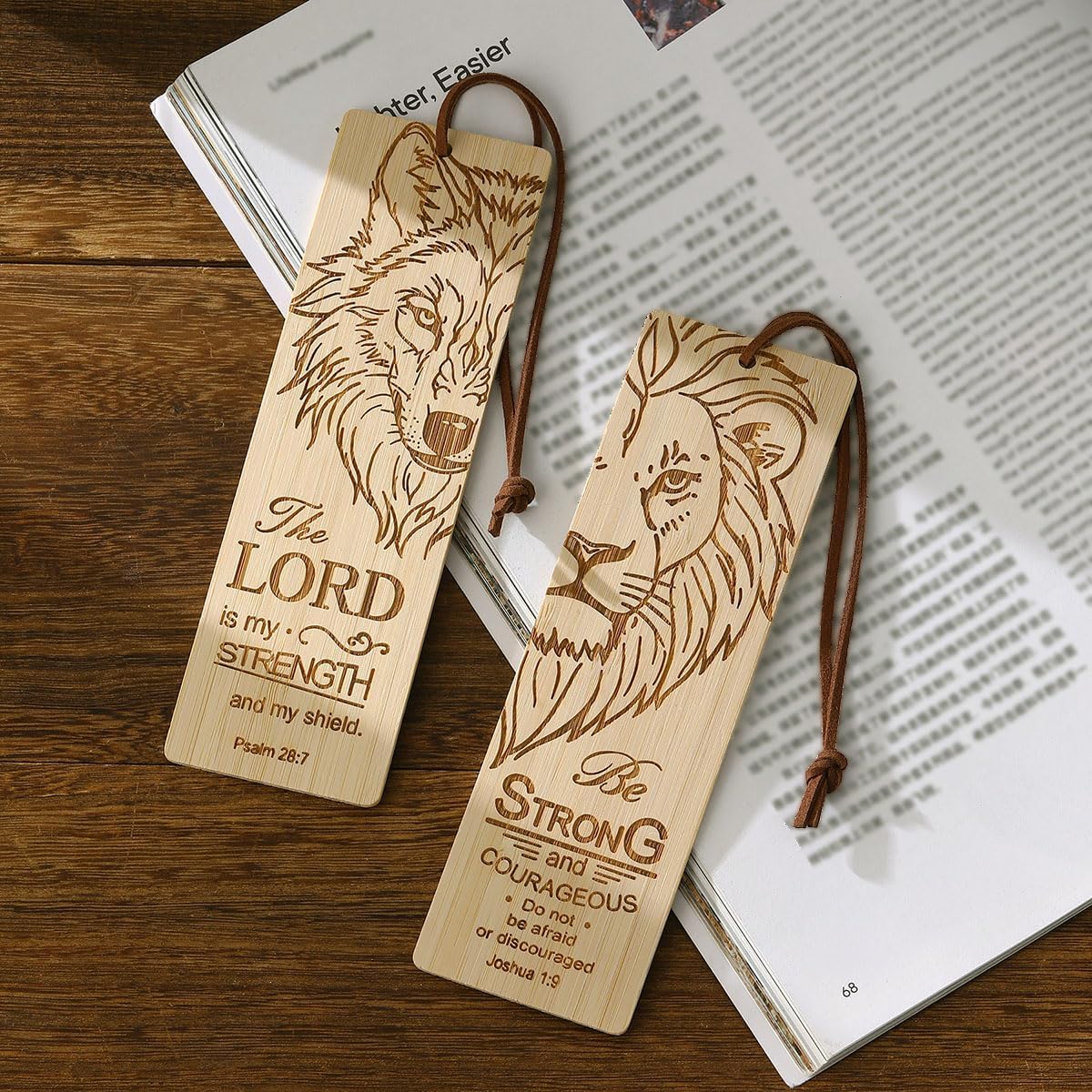 2 Pcs Bible Bookmark Bamboo Bookmarks for Men, Inspirational Christian Religious Gifts for Men Book Marks for Reading Men (Wolf and Lion)