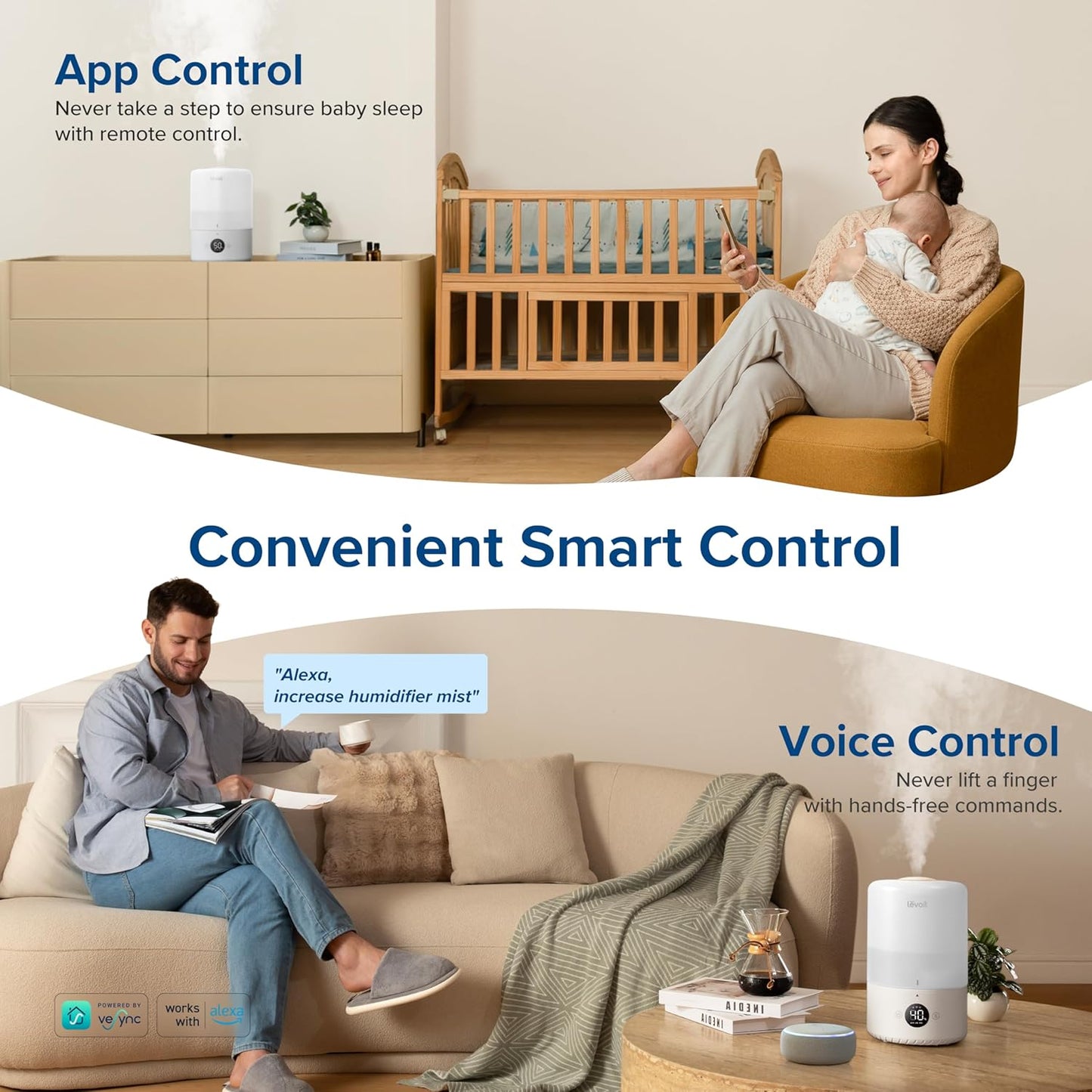 LEVOIT Smart Cool Mist Top Fill Humidifiers for Bedroom with Sensor, Auto Humidity Setting, APP & Voice Control, Essential Oil Diffuser, Ultra Quiet Operation, Super Easy Top Fill, 3L, White