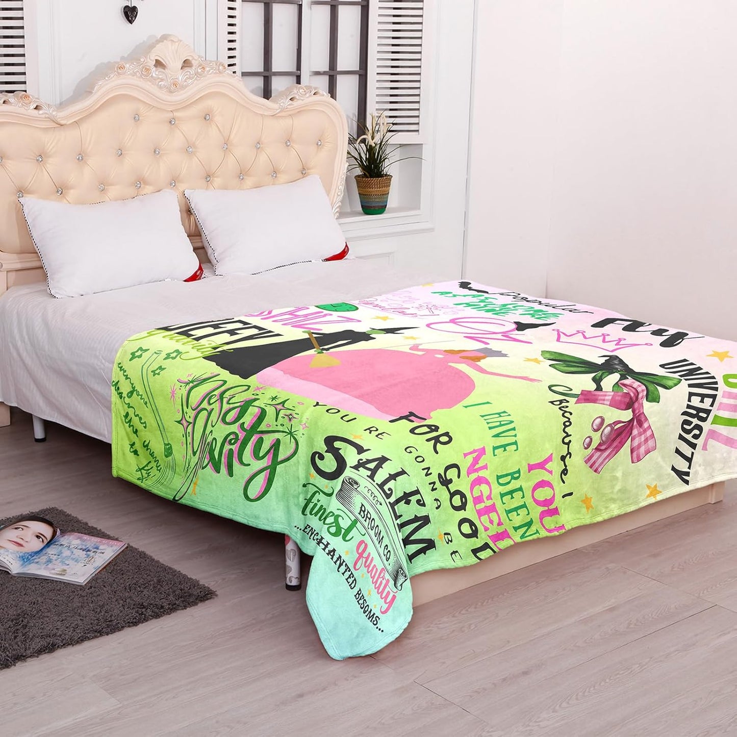 50'' x 40'' Witch Mix Green Vintage Evil Gift Queen Throw Flannel Blanket, Elphaba Hat Glinda Magic Movie Land Blanket, All Seasons Warm Cozy Soft Blanket for Sofa Bed Halloween Women Girls Fans 2
