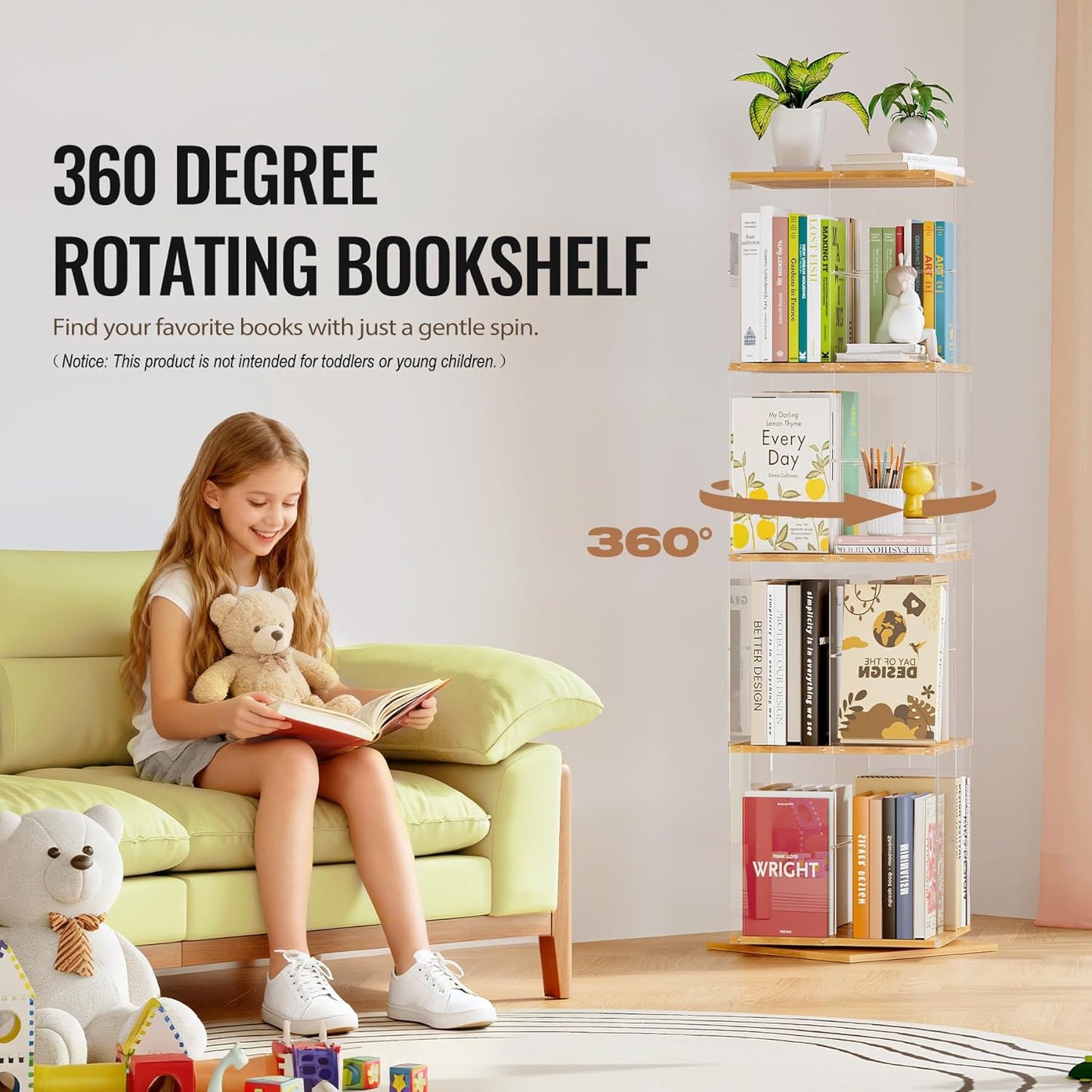 Rotating Bookshelf, 360 Degree Revolving Bookcase, 4-Tier Spinning Bookshelf, Clear Acrylic & Solid Wood Rotating Bookcase for Kid’s Playroom, Bedroom and Living Room, Square
