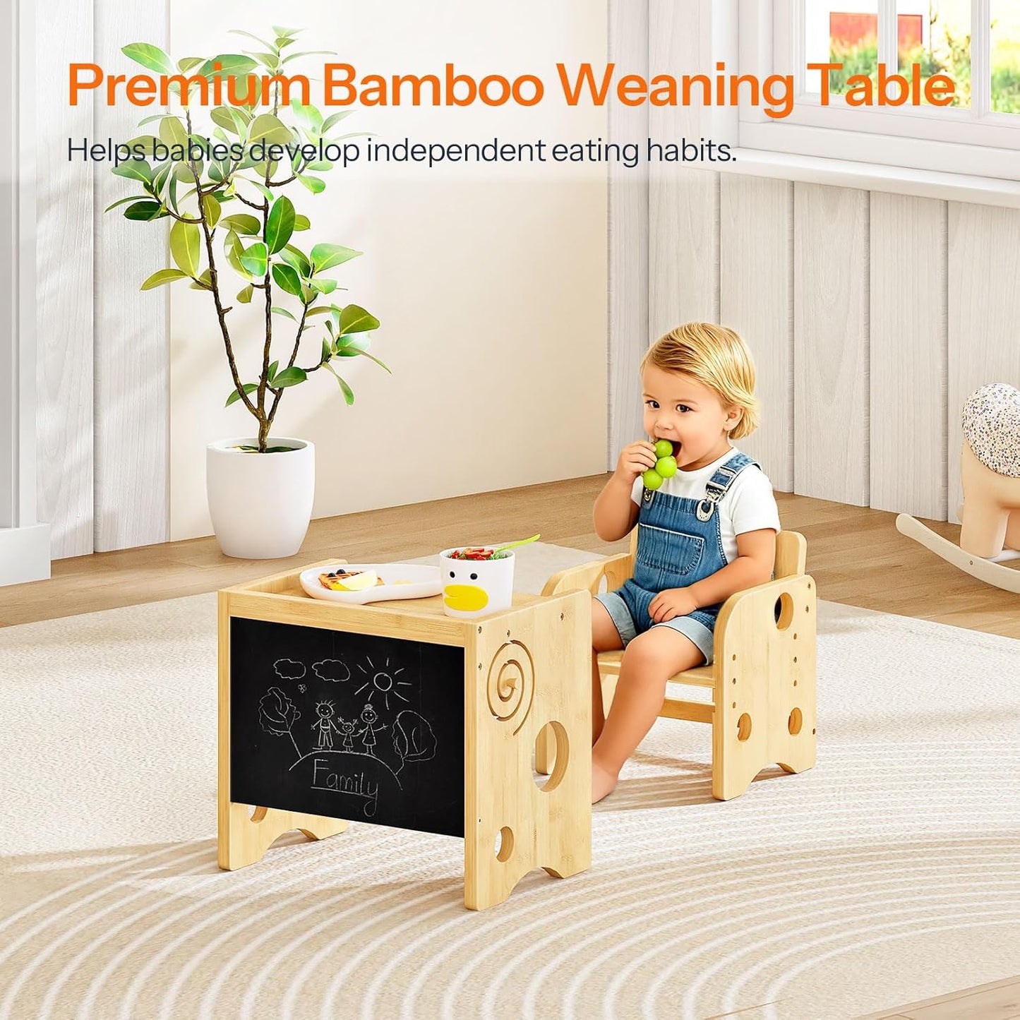 HOOBRO Kids Table and Chair Set, Bamboo Toddler Table and Chair Set with Chalkboard, 3 in 1 Kids Table and 1 Chair for Ages 1-3, 3-Height Adjustable Chair, for Reading Eating Playing Natural YB20KT01