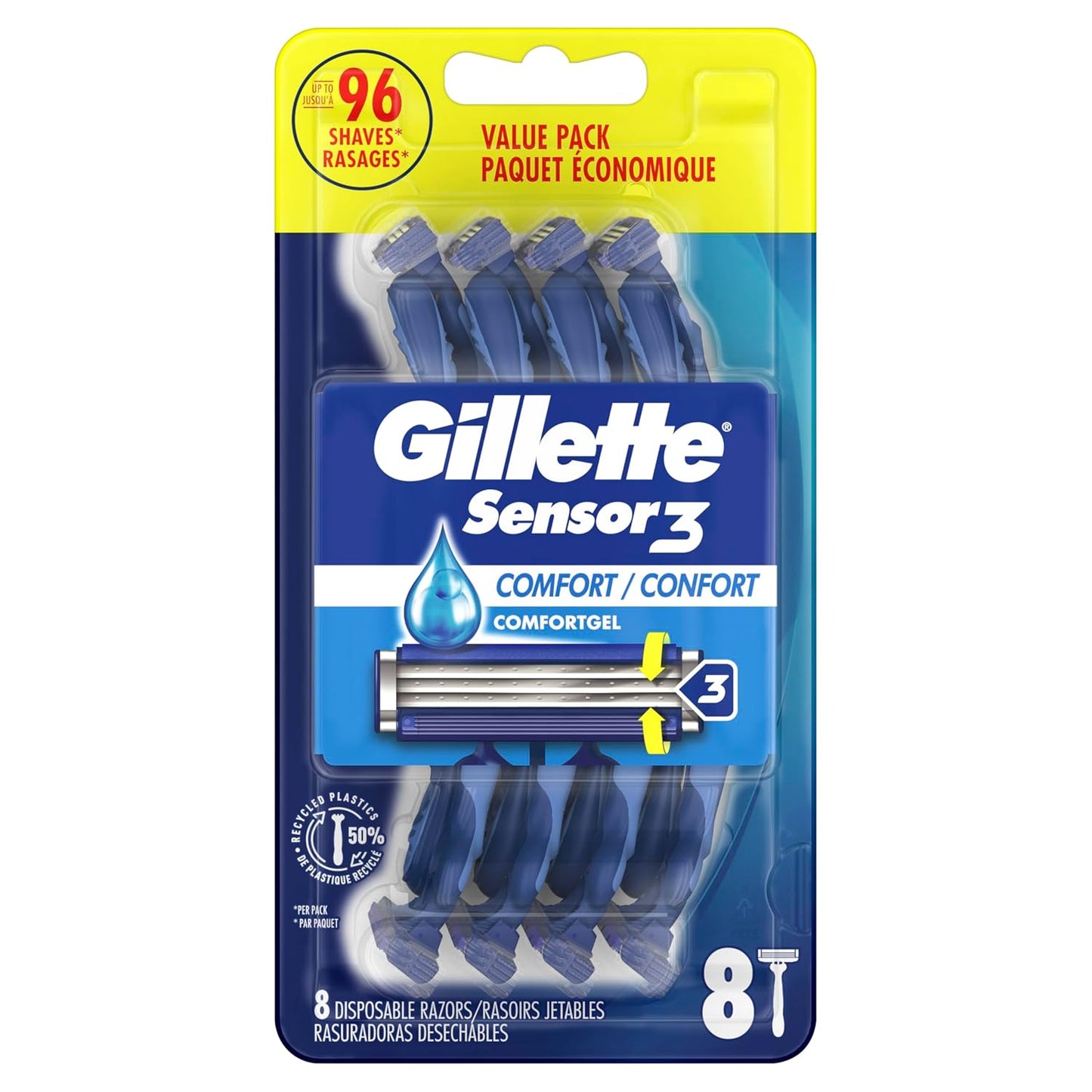 Gillette Sensor3 Comfort Disposable Razors for Men, 8 Count, Lubrastrip Glides Easily Over Your Skin