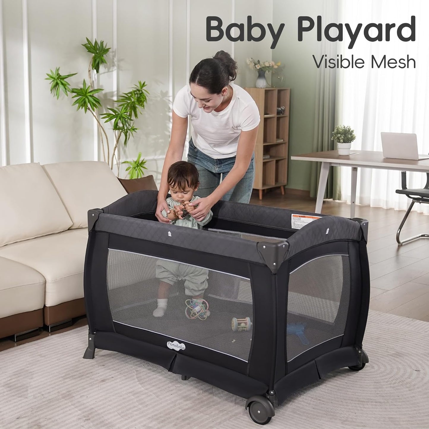 Pamo Babe Pack and Play 4 in 1 Playard Portable Playard Foldable Playpen for Baby and Toddler Portable Crib Mattress Diaper Changer for Newborn (Grey)