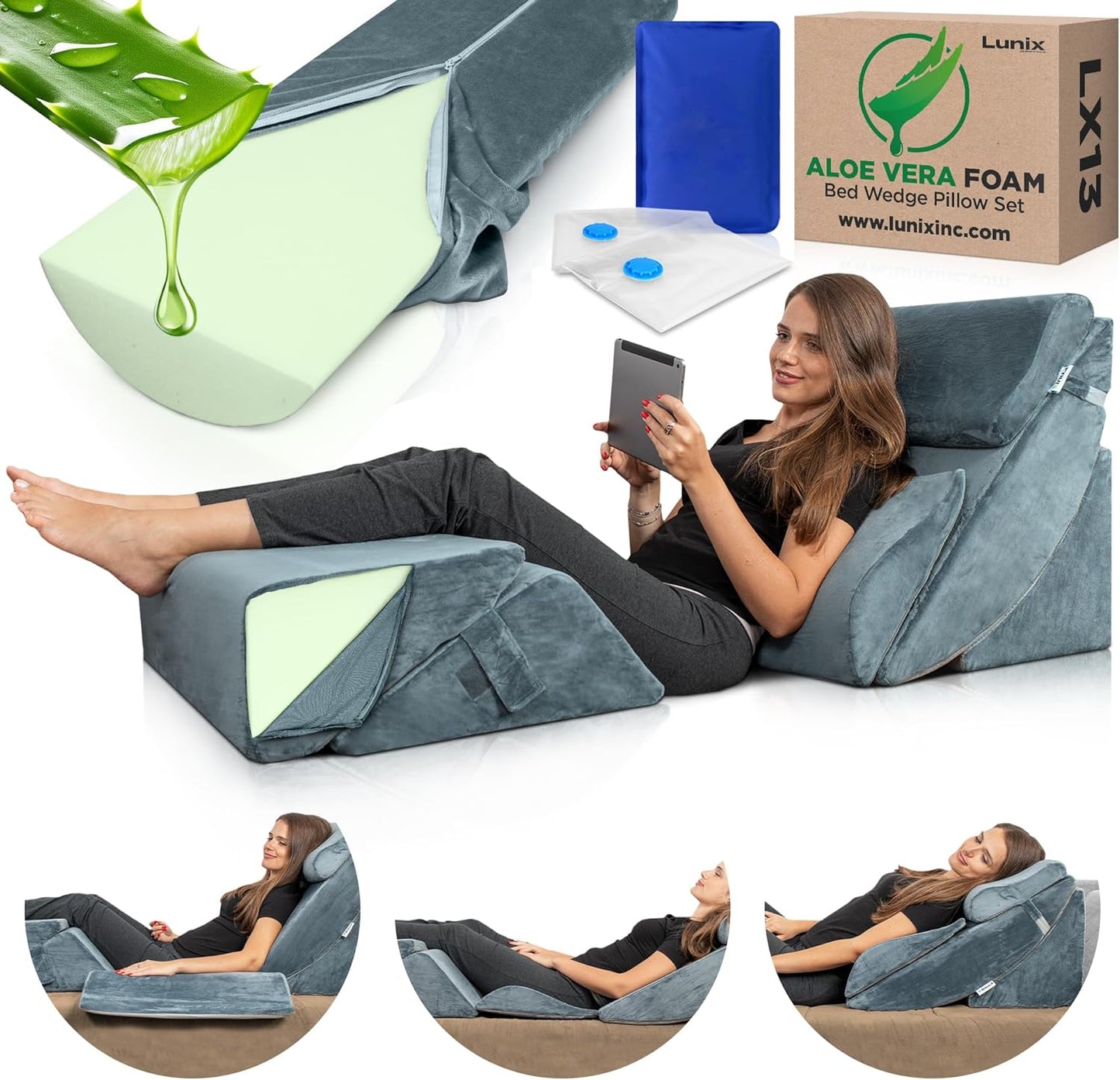 Lunix LX13 6-Piece Post-Surgery Recovery System, Orthopedic Bed Wedge Pillow Set for Tummy Tuck & Back Comfort, Zero-Gravity Memory Foam, Stone Navy with Aloe Vera