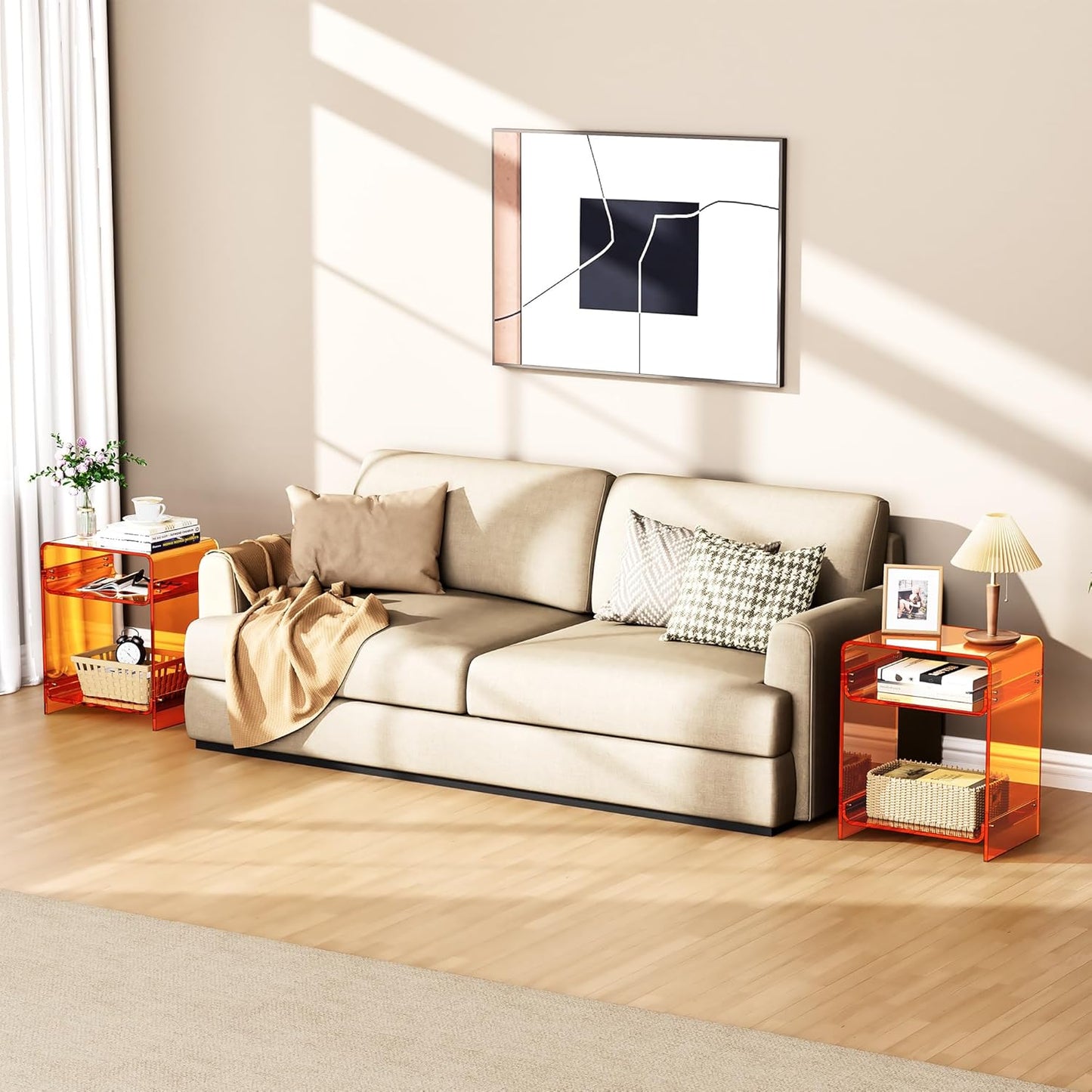 Acrylic End Table Record Player Table with Storage Shelf Clear Side Table Nightstand (Orange Double)