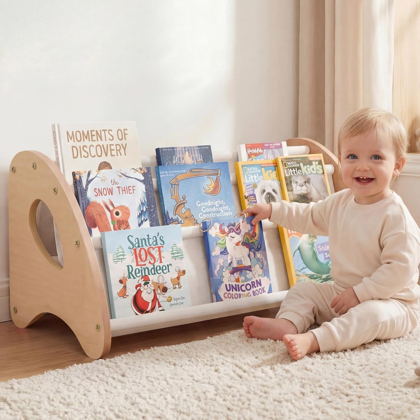 Kids Bookshelf, 4-Tier Montessori Book Shelf for Kids Rooms, Easy Installation, Eco-Friendly Wooden Storage Organizer,28.7” x 15.7” x 13.6” Natural/White