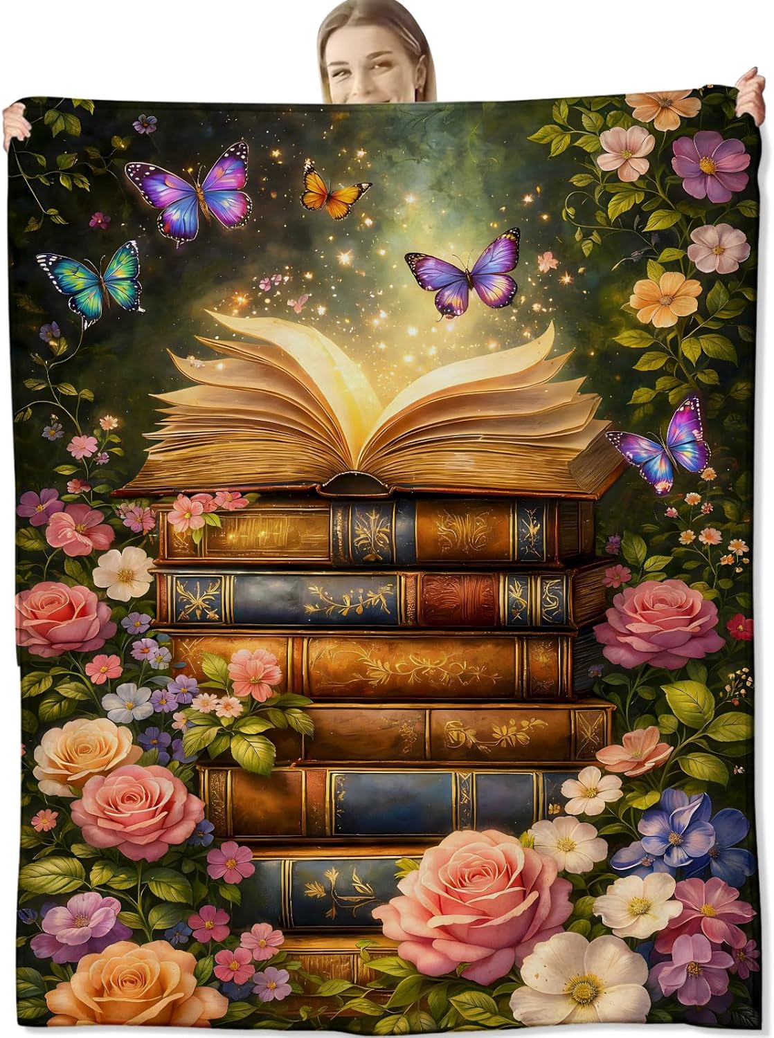 Fantasy Book Garden Throw Blanket for Book and Nature Lovers, Magical Floral Butterfly Art Flannel Throws Blankets, Dreamy Gifts, Soft Warm Cozy for Sofa Couch Bed Home Decor 60" x 50"