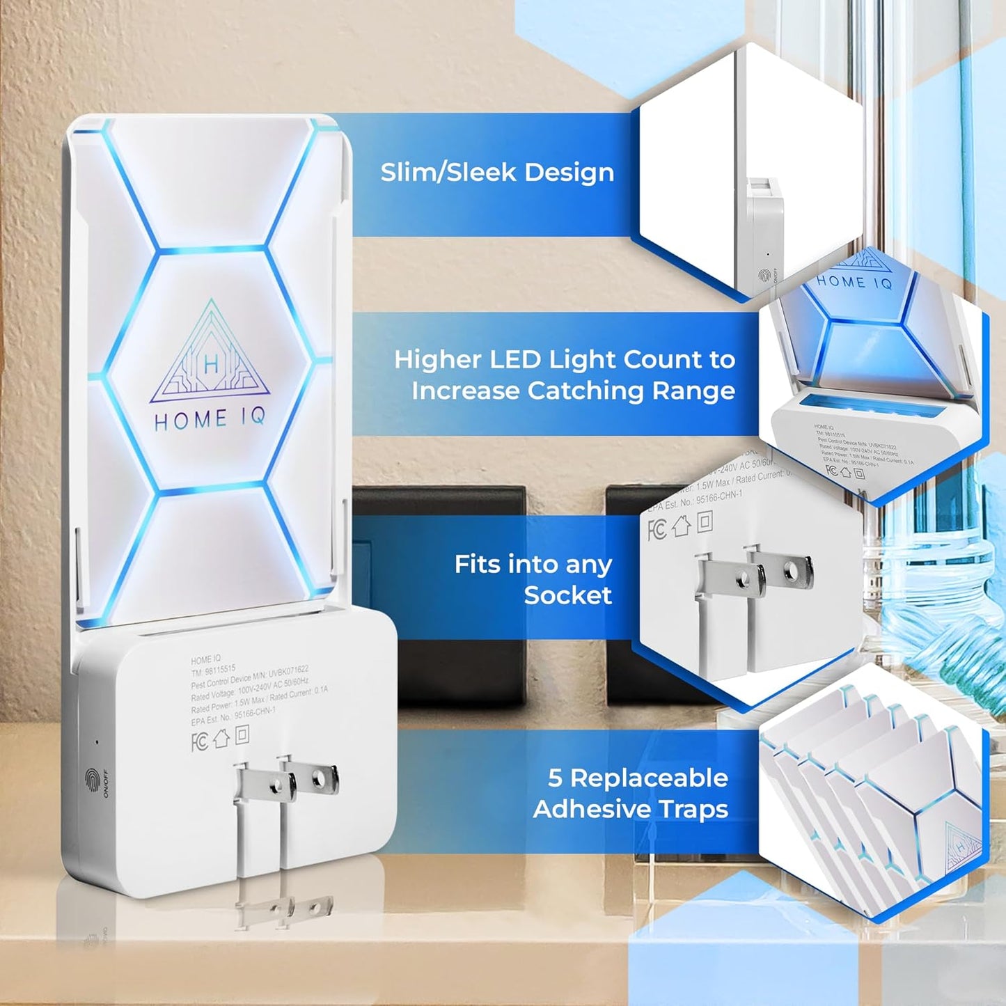 Indoor UV Flying Insect Trap and Night Light. LED Powered Pest Control Device for Flies, Moths, Gnats, Fruit Flies and Mosquitos. Best Mess-Free Trap for Home (Device + 5 Traps)