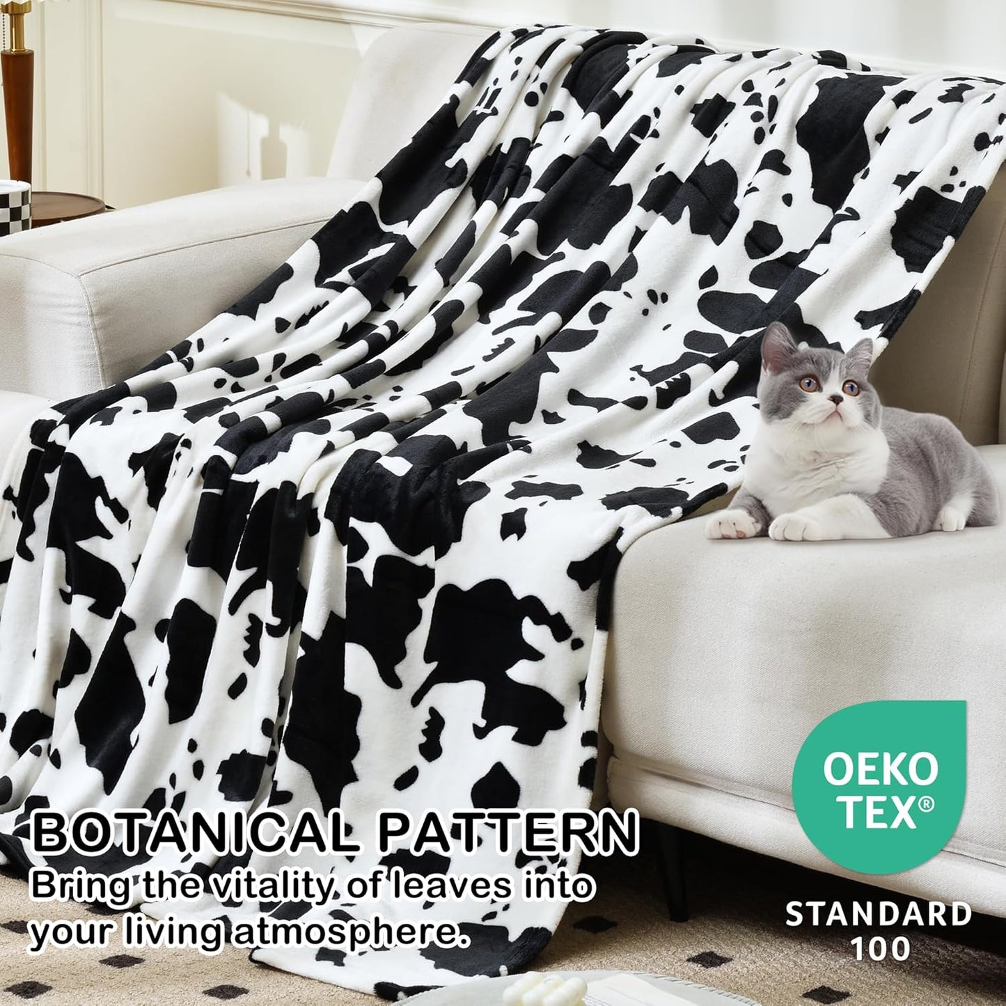 Softan Fleece Blanket - Black White Cow Print Throw Blanket - Fuzzy Lightweight Super Soft Microfiber Flannel Blankets for Couch, Bed, Sofa - Ultra Luxurious Warm and Cozy for All Seasons (90"×90")