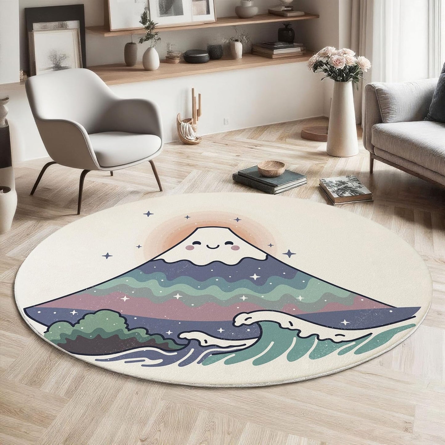 Washable Cute Smiley Face Mount Fuji Area Rug, 5Ft Round Rugs for Living Room Soft Carpet for Bedroom Cartoon Waves Indoor Stain Resistant Non-Shedding Floor Carpet, Beige Blue, 5Ft-Round