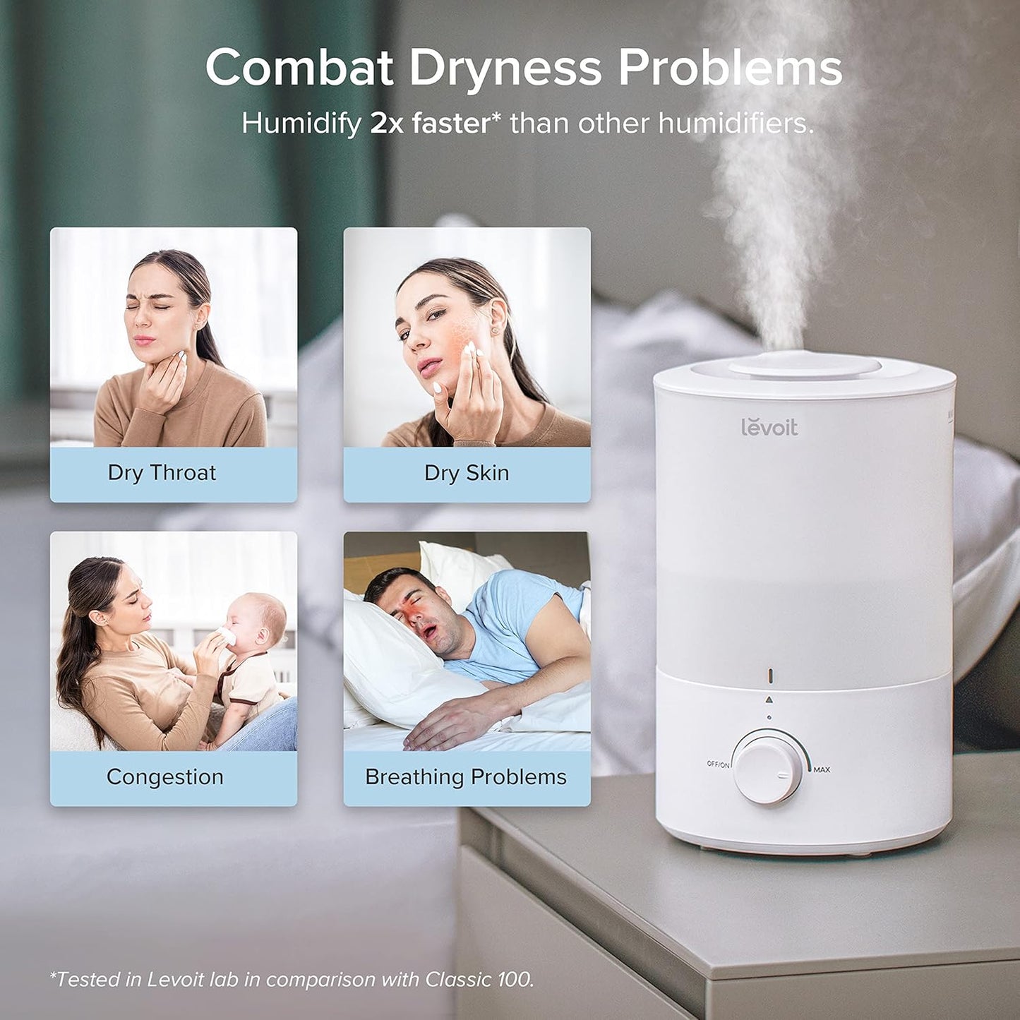 LEVOIT - Humidifiers for Bedroom - Quiet (3L Water Tank) - Cool Mist/Top Fill/Essential Oil Diffuser/25Watt - Home/Large Room - 360° Nozzle - Rapid Ultrasonic Humidification for Baby Nursery/Plant
