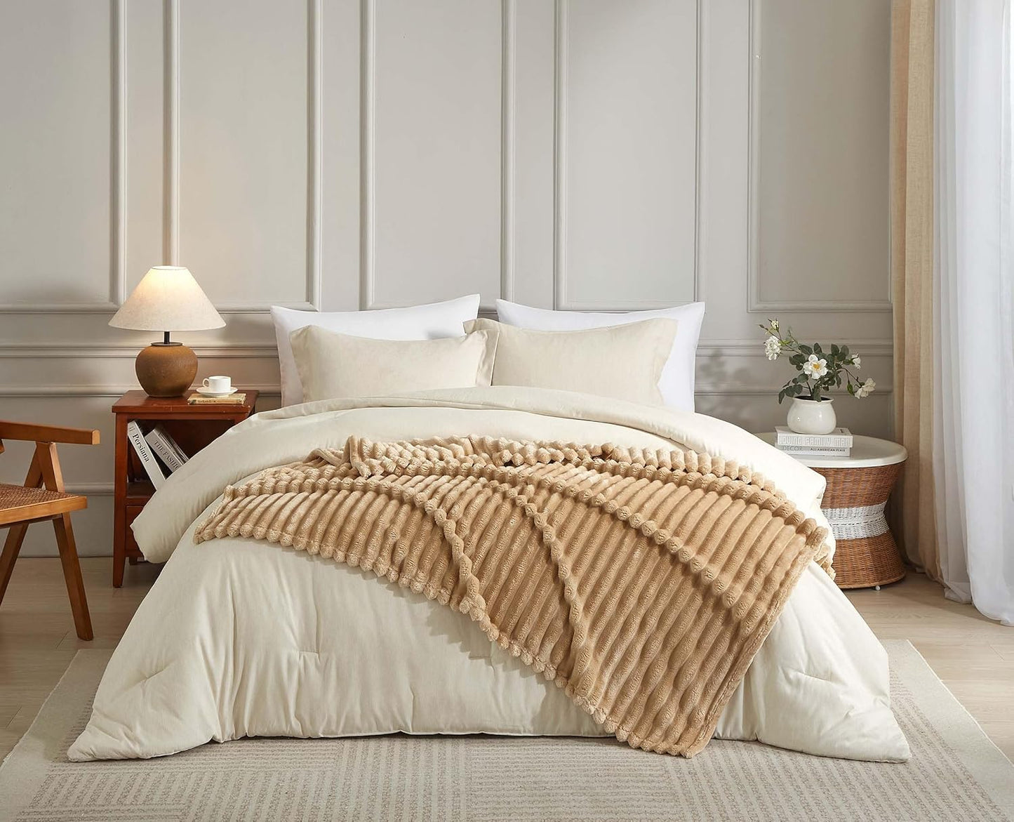 380GSM Heavyweight Ribbed Textured Fleece Blanket, Substantial Weight Warm Nap Throw, Neutral Aesthetic Apartment Essentials, Beige, 50"x60"
