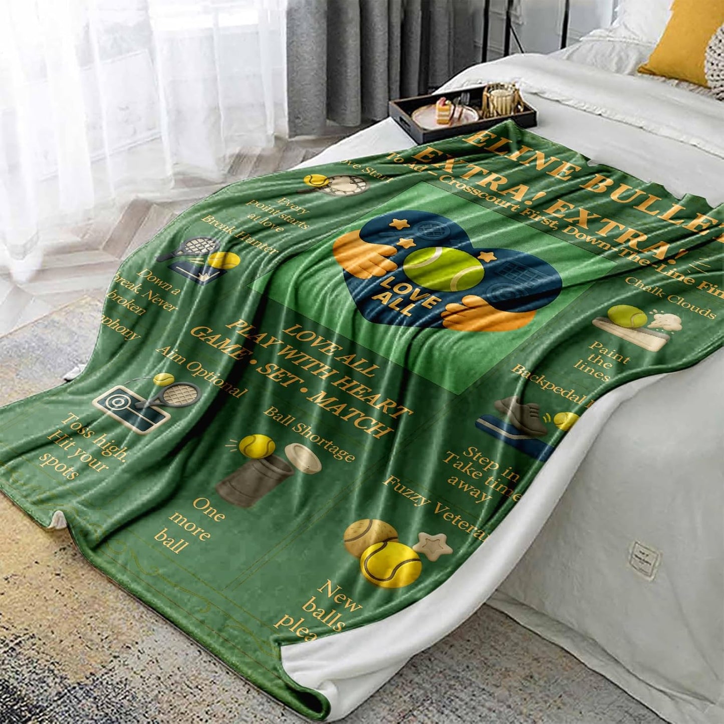 Tennis Throw Blanket 60x50in, Flannel Fleece – Green Court Heart Design, Soft Warm Couch Bed Decor, Gift for Tennis Lovers, Coach Appreciation, Sports Room Decor