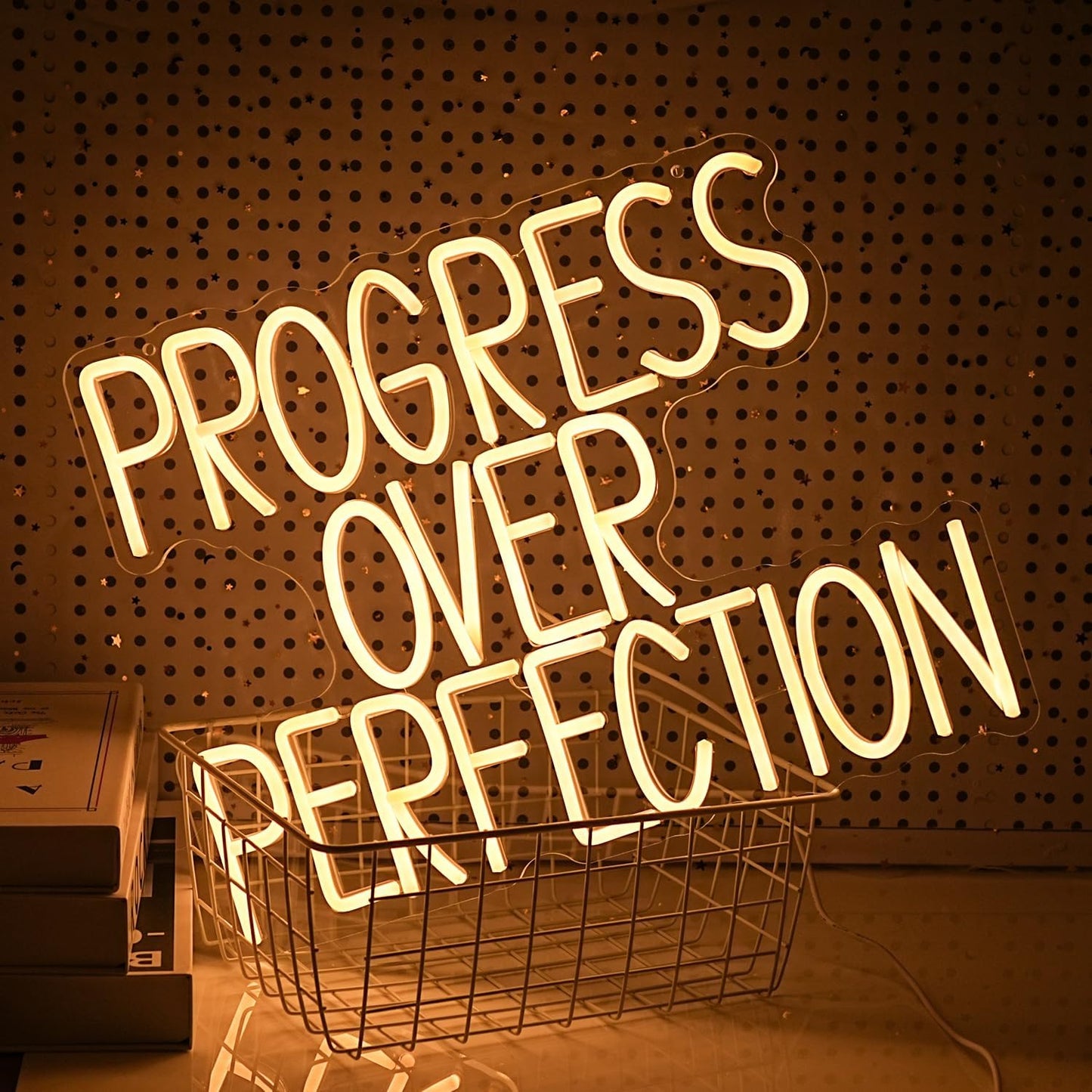 Progress Over Perfection Neon Sign for Wall Decor Dimmable Warm White Words Led Light Up Sign USB Powered LED Letters Neon Light for Classroom Bedroom Library Study Room(16.5 * 12.6In)