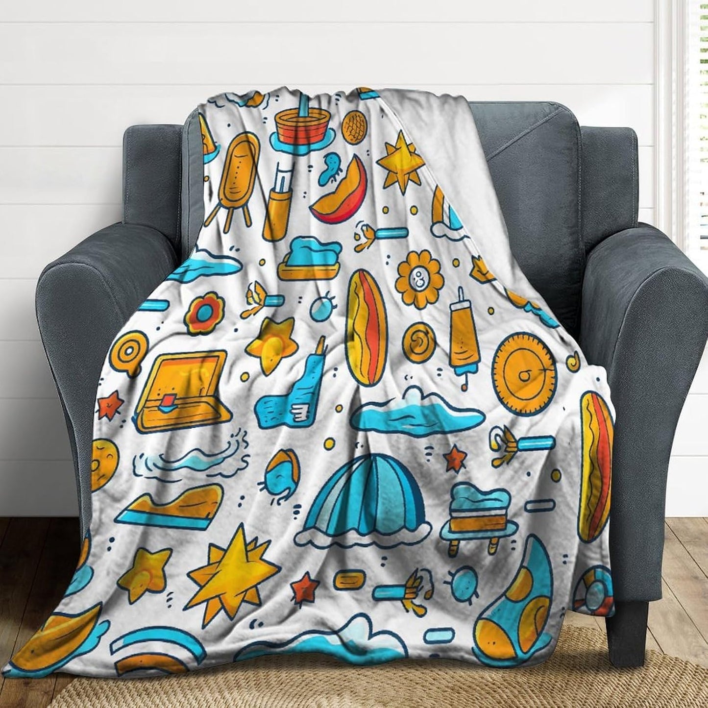 Beach Themed Graphics Throw Blanket for Couch Super Soft Warm Lightweight Throw Blankets Cozy Flannel Bed Blanket Cute Decorative Blankets for All Seasons Home Decor Gift 30"*40"（76 * 100cm）