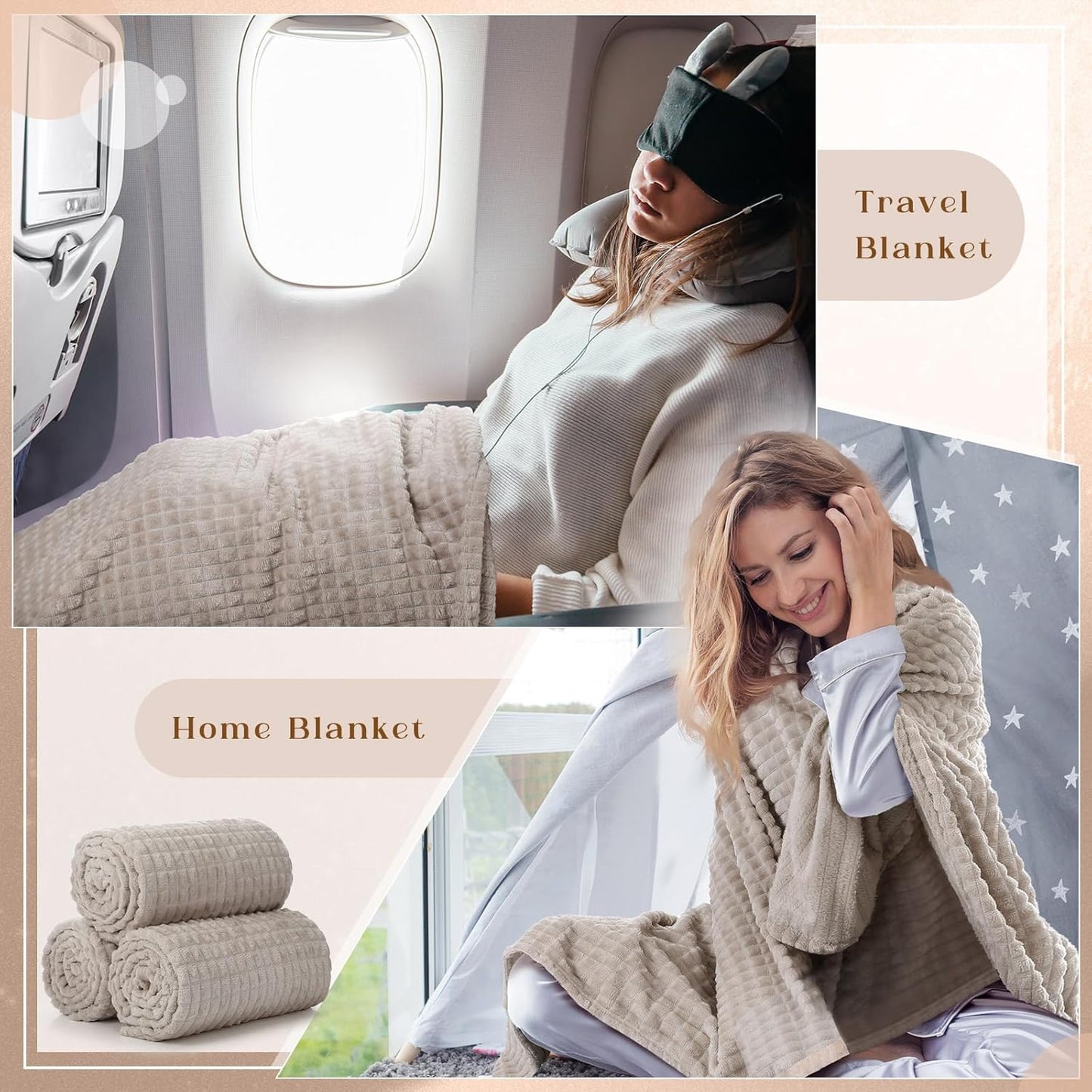Buryeah 6 Pcs Flannel Fleece Throw Blanket Bulk 50 x 60 Inch Wedding Throw Blanket 3D Jacquard Grid Design Soft for Couch Sofa Chair Donation Homeless Gift (Camel)