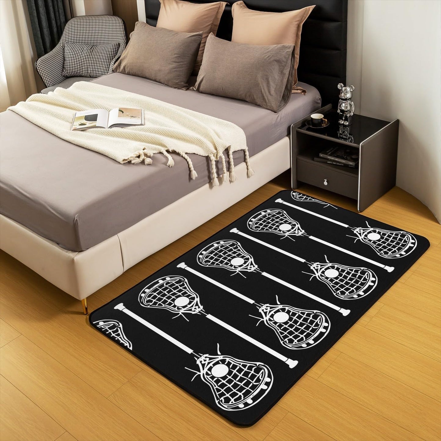Erosebridal Lacrosse Area Rug 4'11" x 3'3", Lacrosse Sports Games Non Shedding Living Room Rugs For Kids Boys Girls, Black White Lacrosse Decorative Carpet, Ball Gaming Sport Washable Indoor Floor Mat