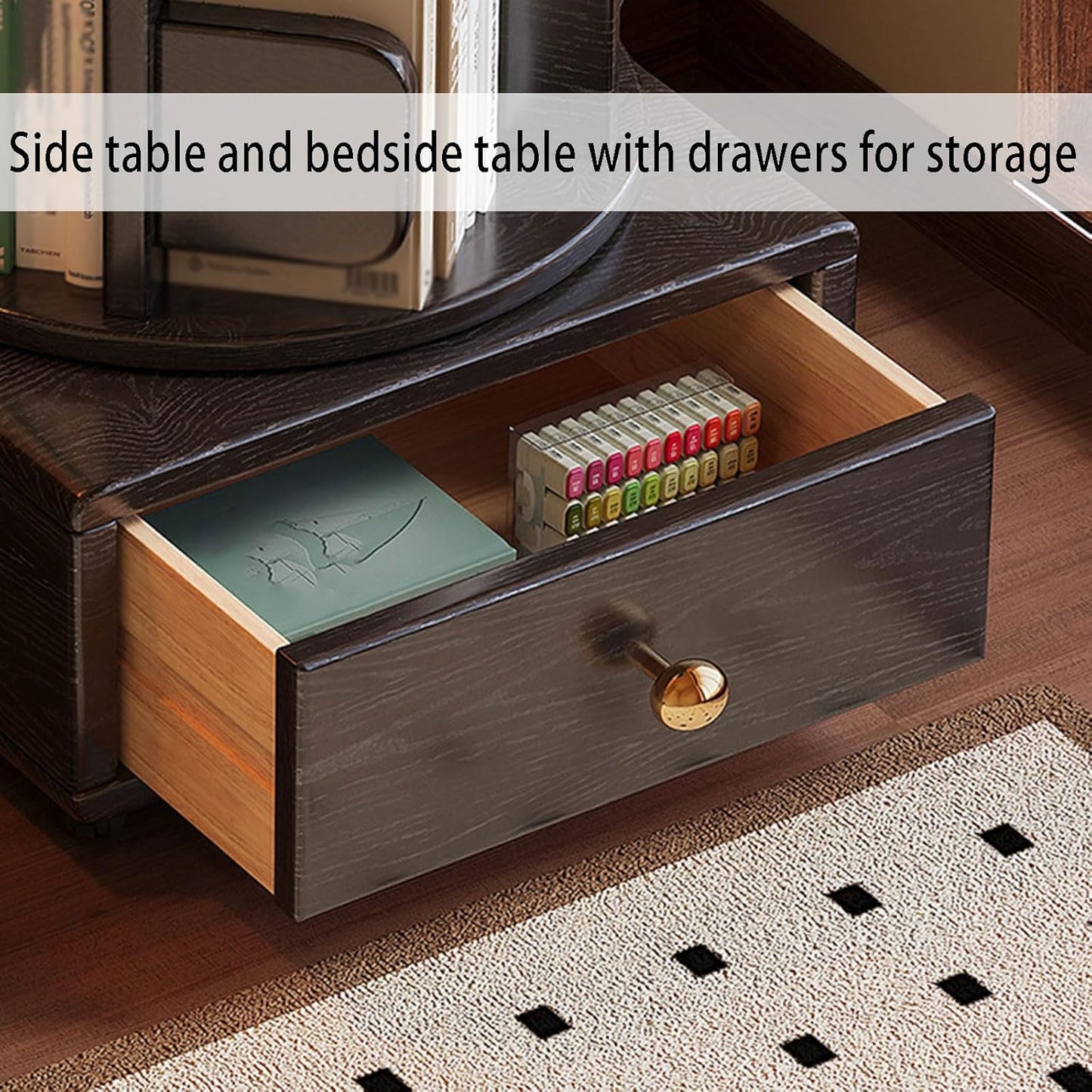 Bedside End Table with Storage & Wheels Movable, Rotating Bookshelf 360 Display 2 Tier, Rustic Side Table Bookcase Storage Rack for Living Room Bedroom