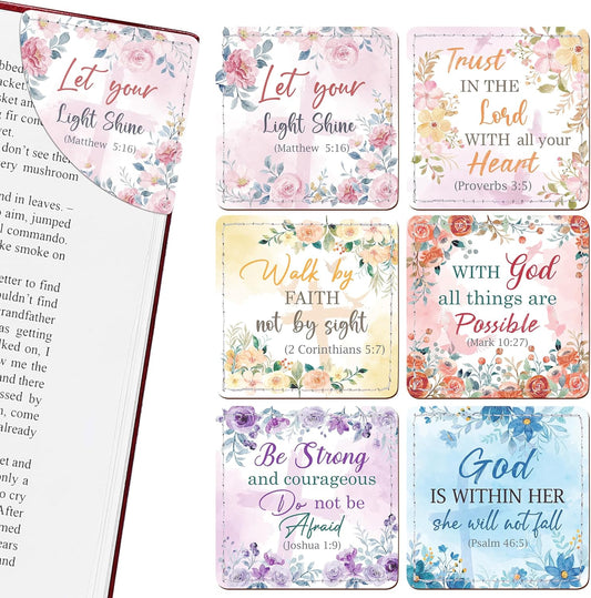 Christian Leather Bookmark Gifts - 6 Pcs Bible Verse Cross Corner Bookmarks for Women Book Lover Religious Flower Page Markers Reading Accessories Bookish Gift for Birthday Christmas Church