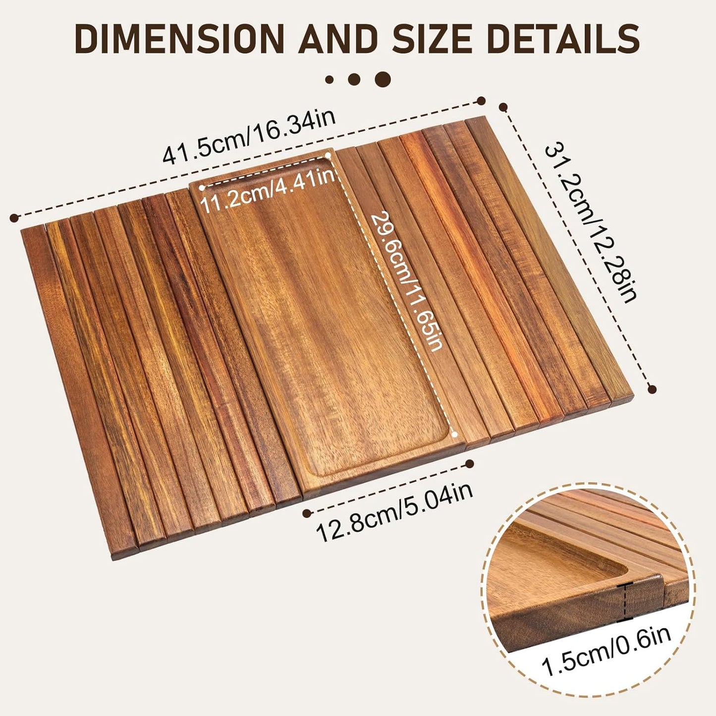 Acacia Wood Couch Armrest Table, Couch Arm Tray, Foldable Anti-Slip Bamboo Couch Tray, Sofa Cup Holder for Drink Snacks Remote Control