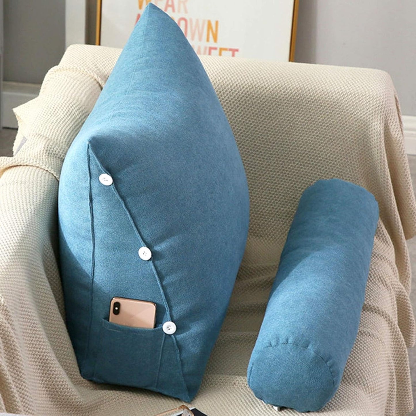 Bed Pillow for Sitting Up, Headboard Cushion Reading Pillows for Sofa Bed Office Chair, Rest Cushion Adjustable Wedge Cushion Pillow, Provides Lumbar Support ( Color : Blue-1 , Size : 50x60x22cm )