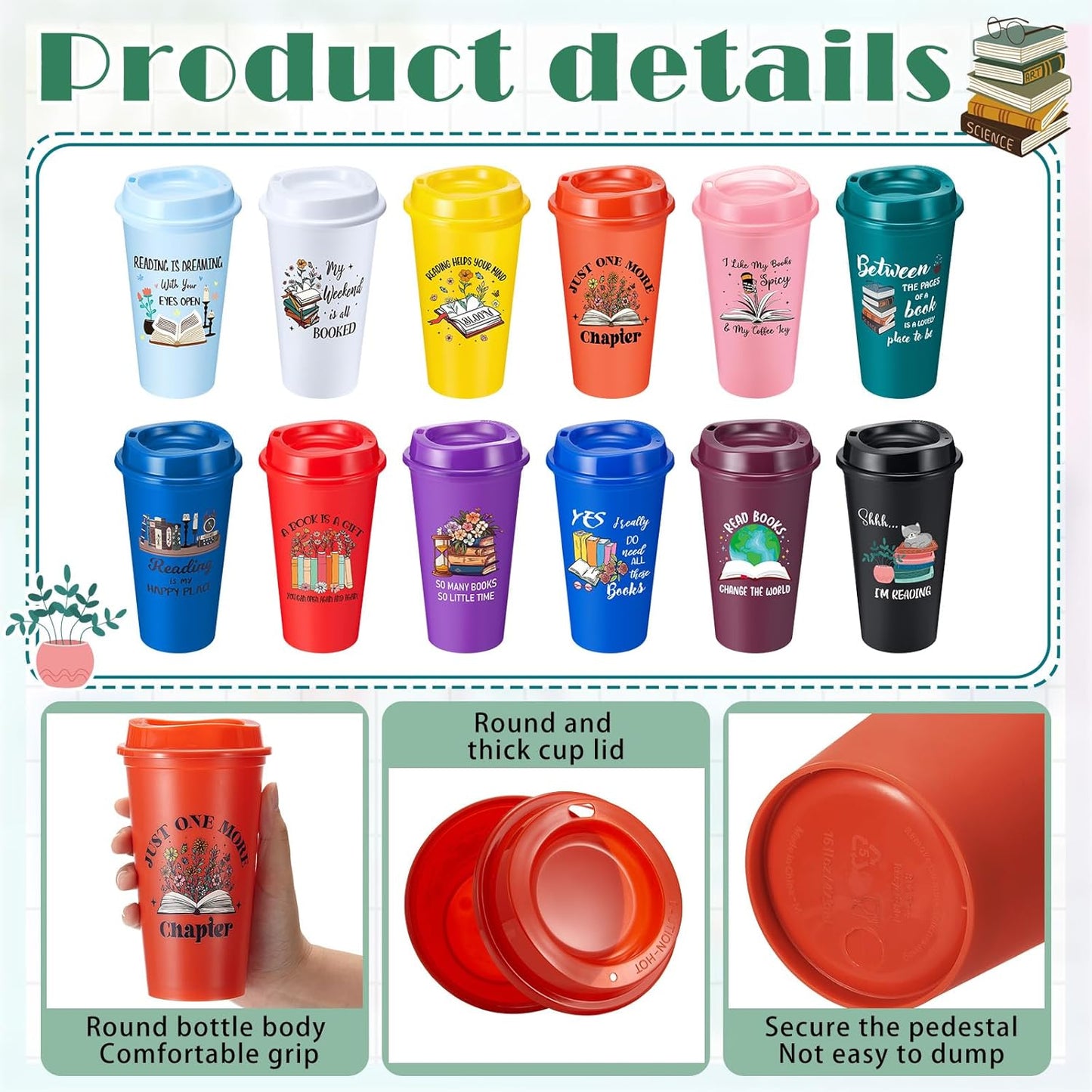 24 Pcs Book Lovers Gifts Bulk, 16oz Library Reading Theme Coffee Cups with Lids, Book Club Appreciation Gifts for Bookish Teacher Students Employee (Multicolored)