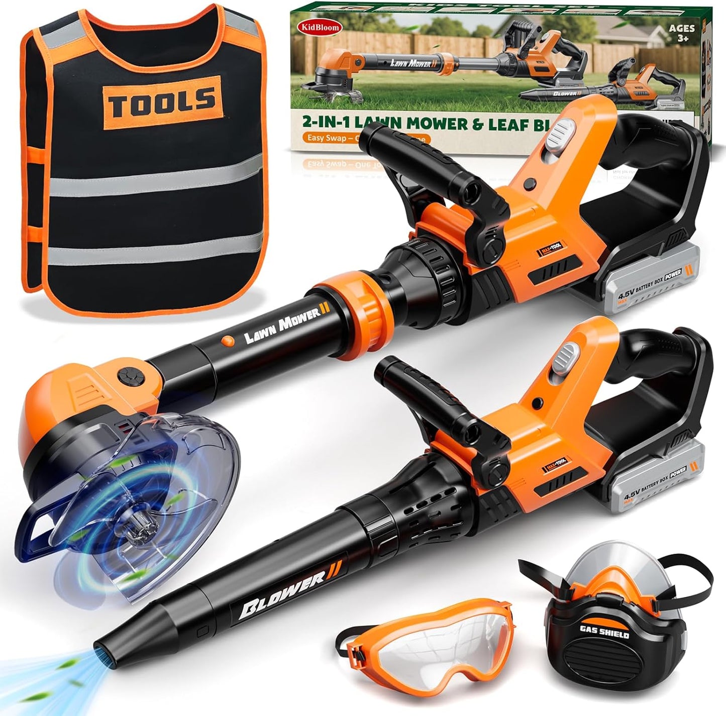 KidBloom Kids Gardening Tools Set with Vest, 2-in-1 Kids Lawn Mower & Kids Leaf Blower with Lights & Sounds, Toy Weed Wacker with Goggles & Mask, Outdoor Pretend Play Toys, Birthday Gifts for Boys 3+