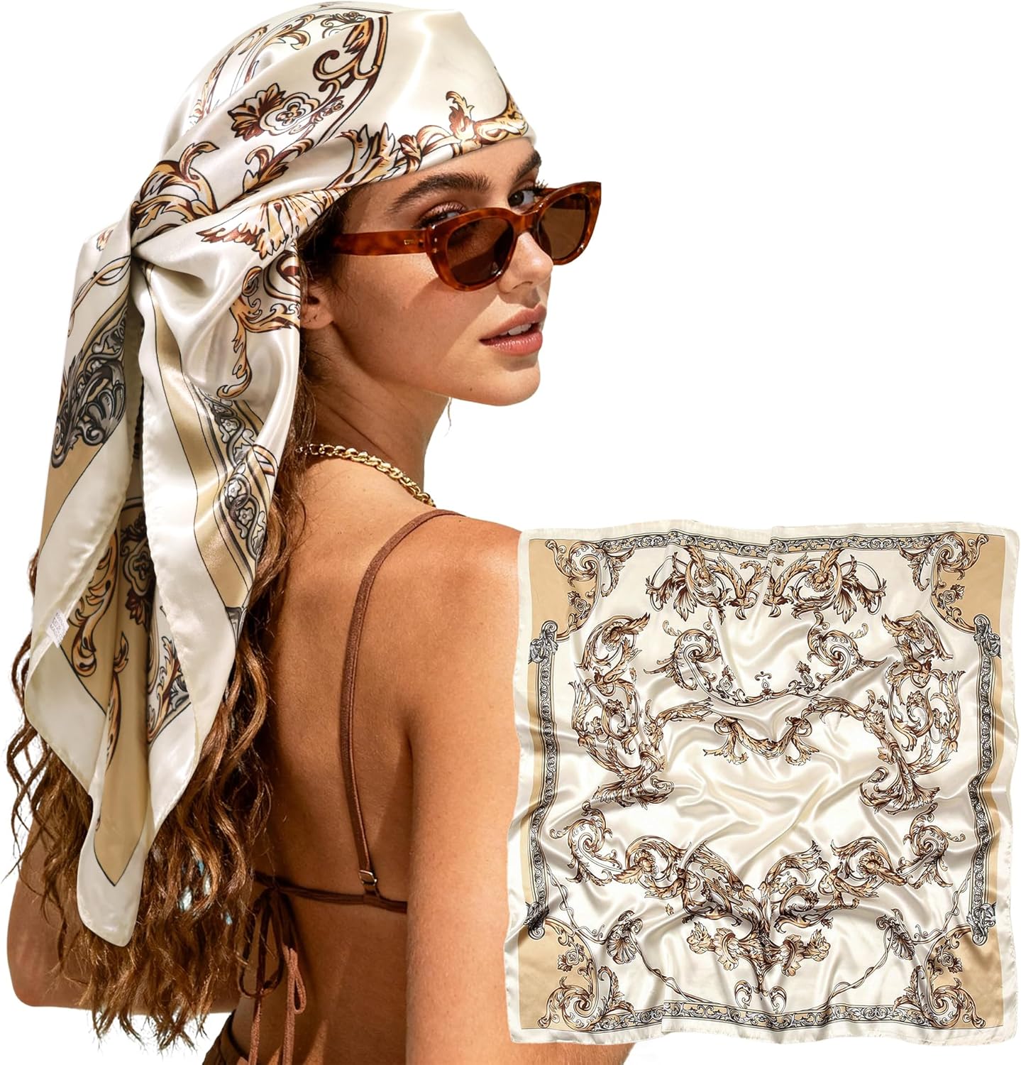 Large Square Head Scarf Bandana - 35" Satin Hair Scarf for Women Like Silk Scarf Fashion Hair Wrapping