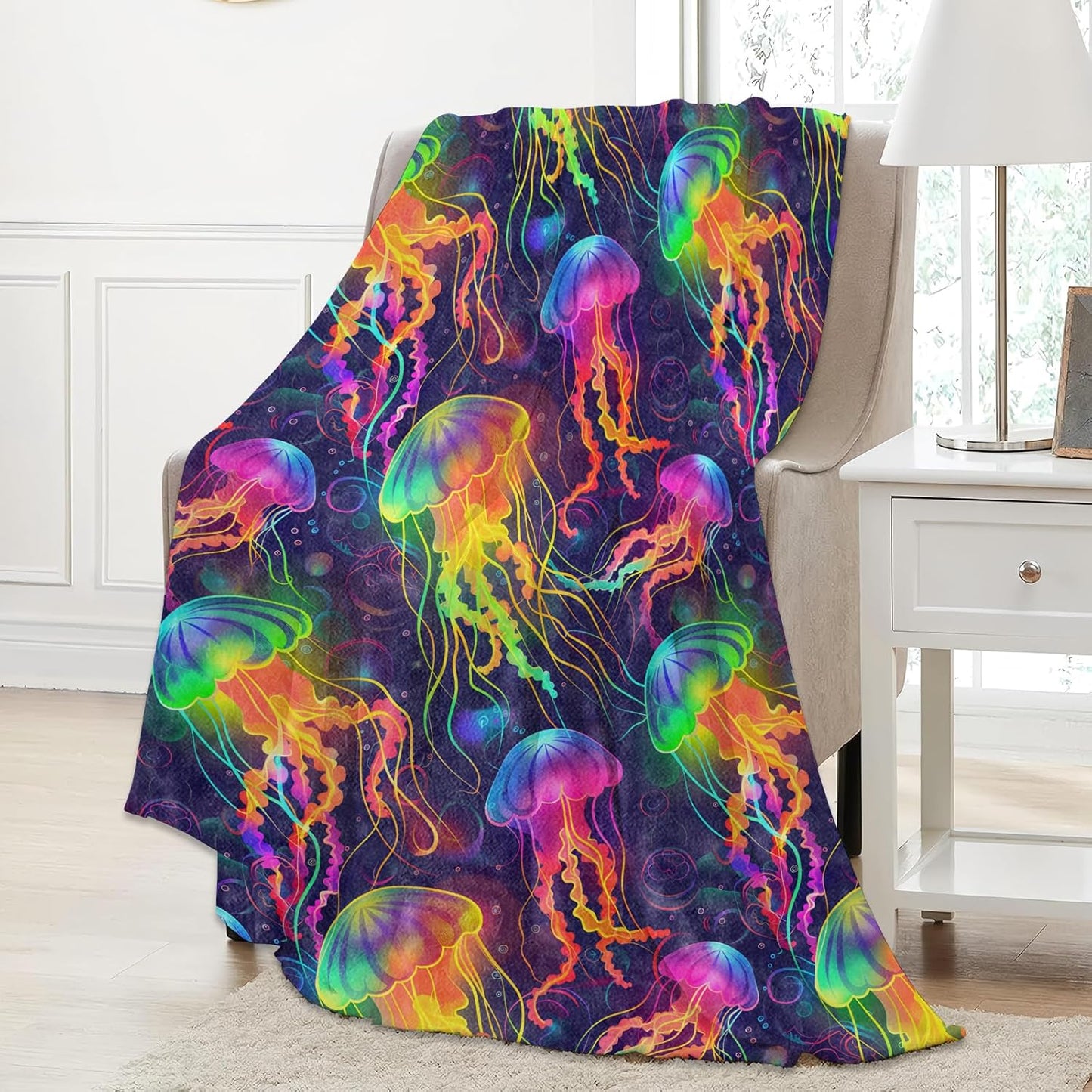Colorful Jellyfish Throw Blanket Gifts for Ocean Lovers, Soft Fuzzy Warm Cozy Flannel Blankets for Bedroom, Travel, Couch, Underwater Marine Life Throws, Dreamy Home Decor 50x60 Inch