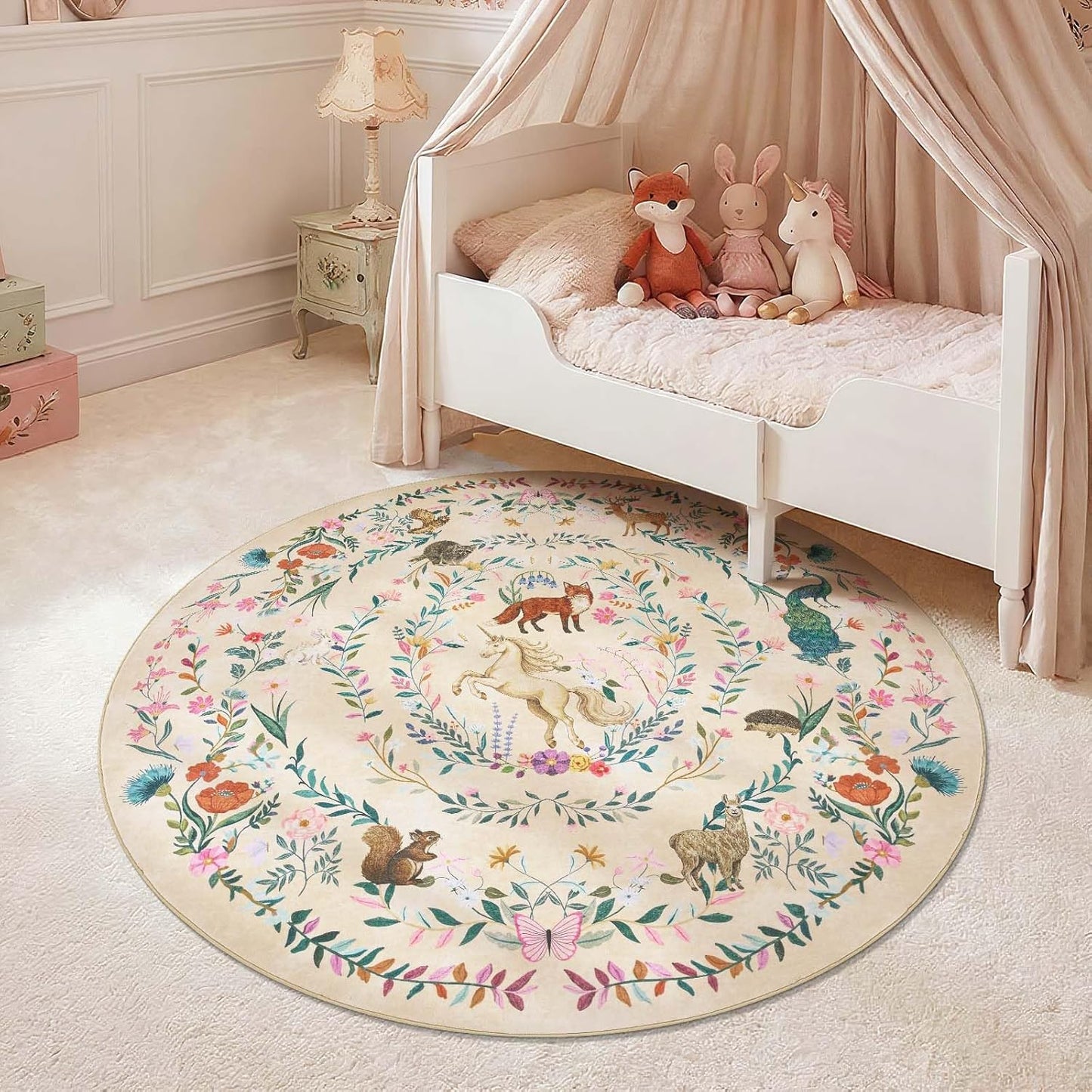 jinchan Round Rug 5ft Kids Room Area Rug Washable Indoor Unicorn Rug Soft Non-Slip Low Pile Fairytale Woodland Animals Floral Carpet for Classroom Nursery Playroom Bedroom Living Room Daylight Cream