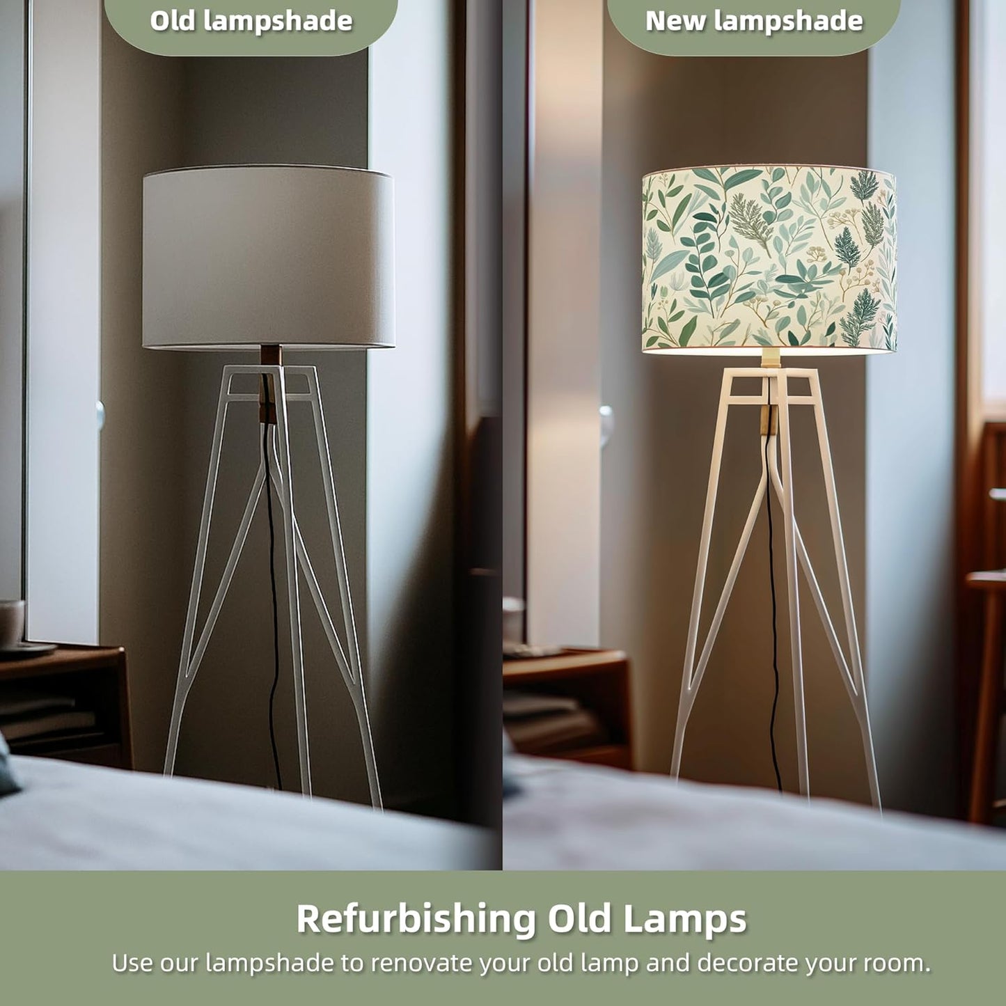 Drum Lamp Shade 13 x 13 x 10 inch, Sage Green Botanical Print Linen Lampshade Replacement for Table Lamps & Floor Lamps, E26 E27 Compatible Spider Fitter Lamp Shade for Bedroom Living Room