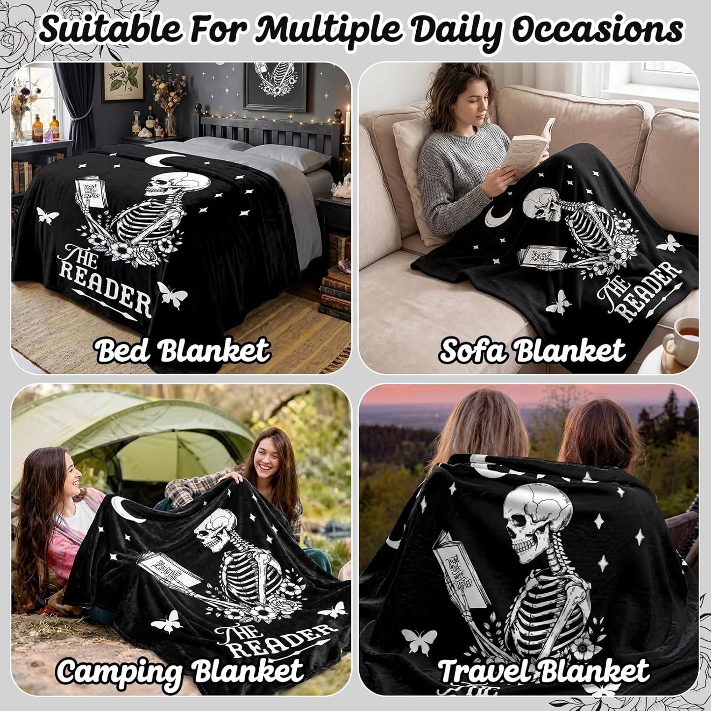 Moukeren Book Lovers Gifts for Readers Gothic Skeleton Reading Blanket 50"x60" Soft Flannel Throw Book Blanket for Women Bookish Bookworm Club Librarian Birthday Gifts Cozy Reading Accessories
