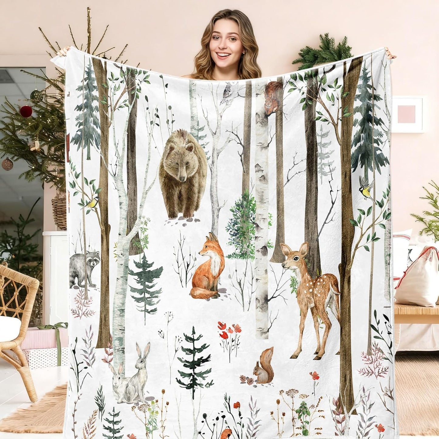 Rustic Cabin Throw Blanket, Super Fuzzy Hunting Camping Forest Blanket, Soft Cozy Plush Lightweight Wild Animal Bear Blanket for Couch, Sofa, Bed & Lazy Napping, Comfort for All-Season, 50X60inch