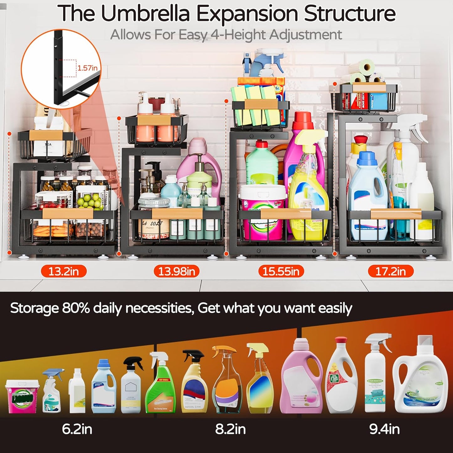 ADBIU Under Sink Organizer 2 Pack, 2 Tier Pull Out Cabinet Organizer with Expandable Height (13.2"-17.2"), Slide Out Metal Storage Shelves for Kitchen, Bathroom, Pantry and Under Cabinet