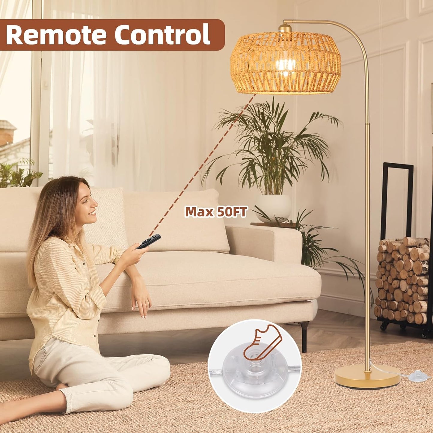Boho Gold Floor Lamp- Rattan Lamp with Stepless Dimmable Bulb, Mid Century Modern Floor Lamp with 2 in 1 Lampshades, Bohemian Gold Tall Lamp for Living Room, Office, Classroom