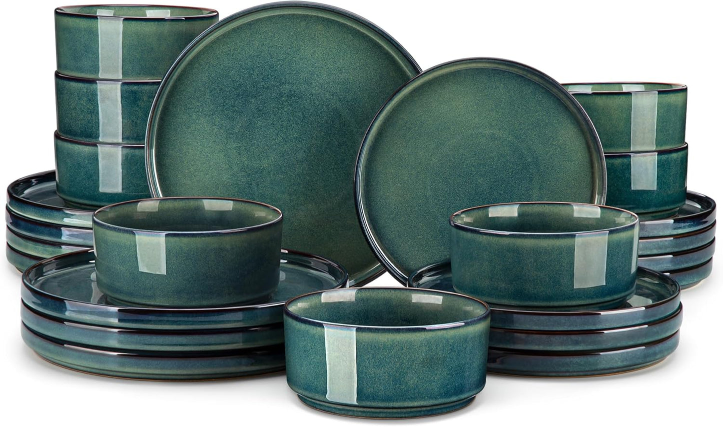 vancasso Starry Plates and Bowls Sets for 8, 24 Pieces Green Dinnerware Sets for Kitchen, Modern Stoneware Dishes Set, Dishwasher and Microwave Safe