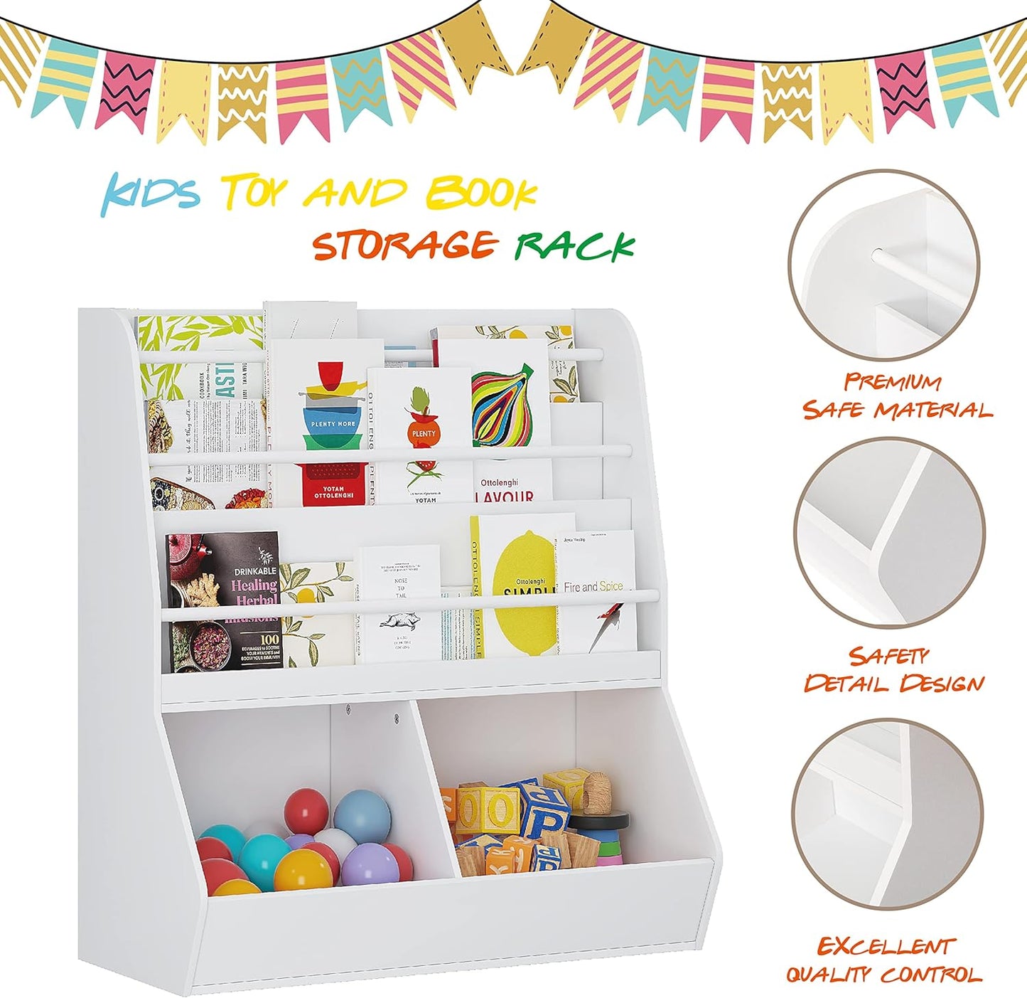 UTEX Kids Bookshelf and Toy Storage, Toy Storage Organizer and Book Rack, Toddler Bookshelves Display Stand, Book Shelf for Kids Rooms, Nursery, Bedroom, White
