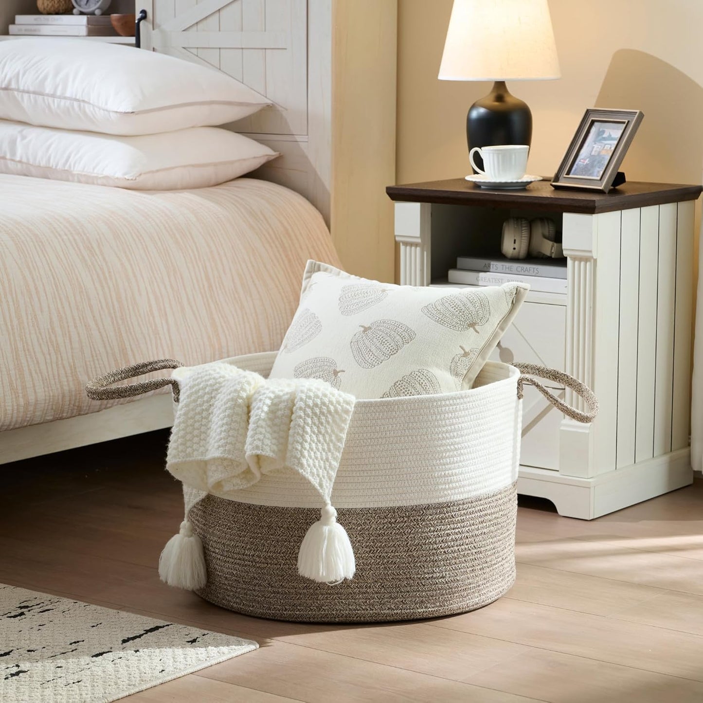Luxury Little XXXL Nursery Storage Basket, 22 x 22 x 14 inches - 100% Cotton Rope Baskets with Handles, Laundry Basket for Toys, Blankets and Pillows - Off White & Beige