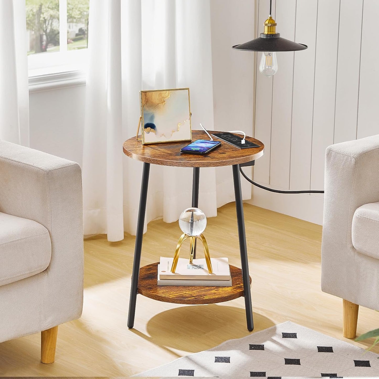HOOBRO Round End Table with Charging Station, 2-Tier Small Circle Side Table, Round Accent Table for Living Room, Bedroom, Rustic Brown BF671BZ01