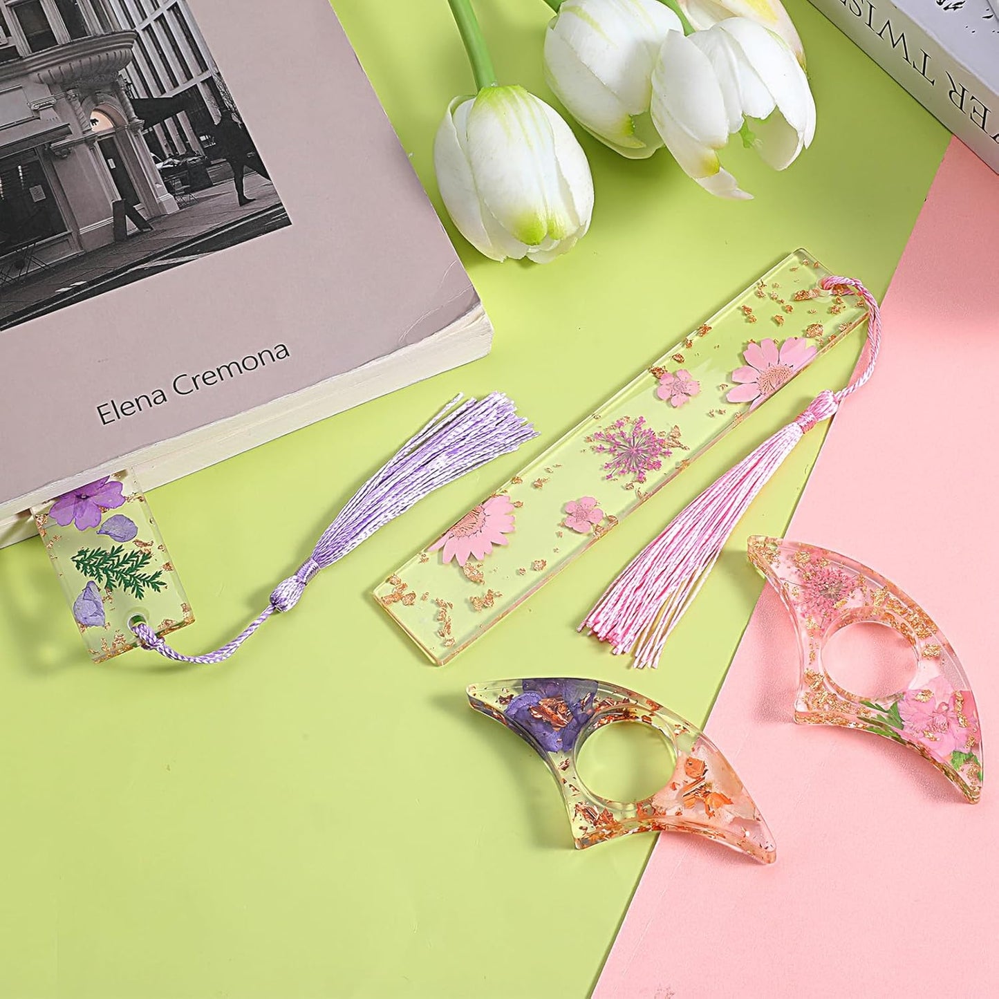 4 Pack Dried Flower Resin Bookmarks Book Lover Gifts Handmade Bookmarks with Tassel Transparent Floral Book Page Holder and Books Mark Set for Reading Lover Students Teachers