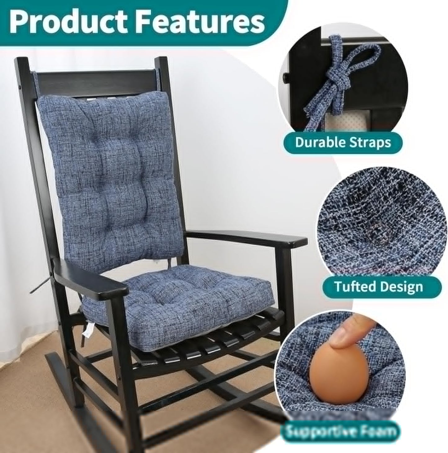 SINOSSO Rocking Chair Cushion Set with Thick Padding, Back Pillow & Seat Cushion with Ties, Modern Interwoven Style Indoor Living Room Rocker Chair Pads for Elderly Sitting, Blue