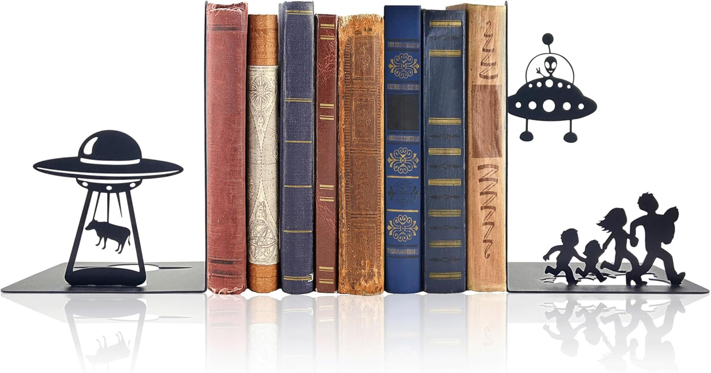 Alien Decor UFO Decor - Unique Bookends for Kids and Adults - Decorative Bookends for Shelves - Black Modern Bookends for Avid Readers - Fun Stylish Alien Gifts