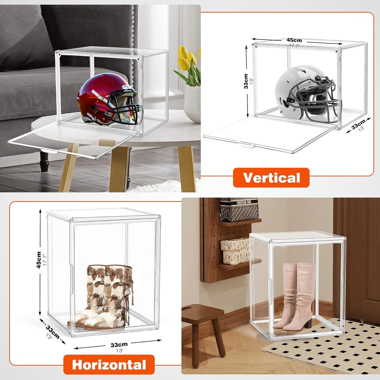 5 Pack XXX-Large Extra Large Acrylic Display Case 17.3'' x 13'' x 13'', Transparent Sneaker Boxes Clear Plastic Stackable Boot & Shoe Boxes Large Showcase for Helmet, Handbag, Figures Collectibles