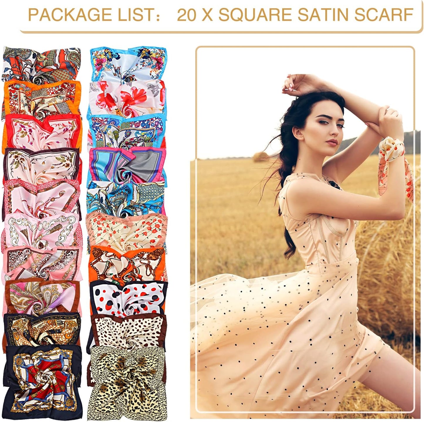 20 Pieces Women Satin Square Scarf Mixed Color Small Silk Neck Scarf for Women Girls Favors, Random Color