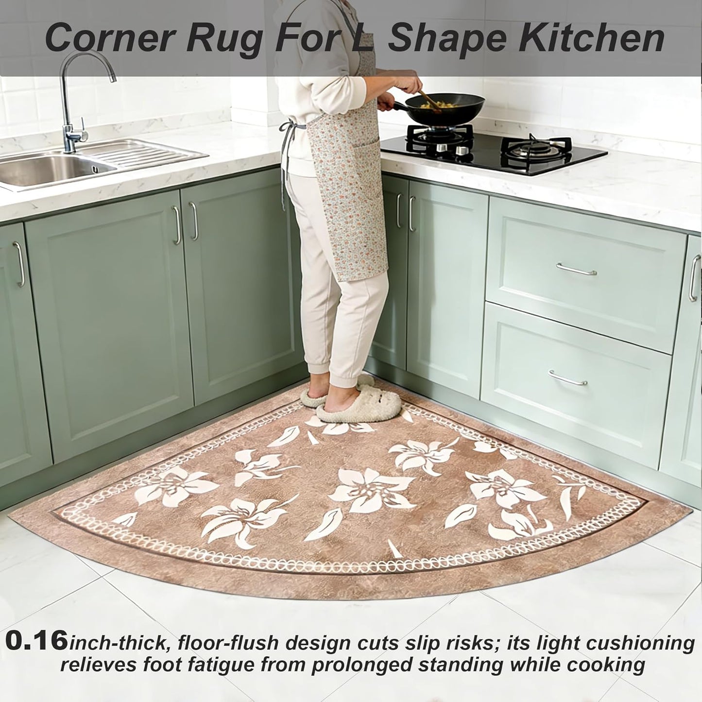 Corner Rug, L Shaped Kitchen Mat, Non Slip Corner Kitchen Rugs Washable, 4mm Thickness Rubber Kitchen Mats for Floor, Water Absorbent, Easy to Clean, VINTAGELILY-27.5X27.5INCH(Half Circle)