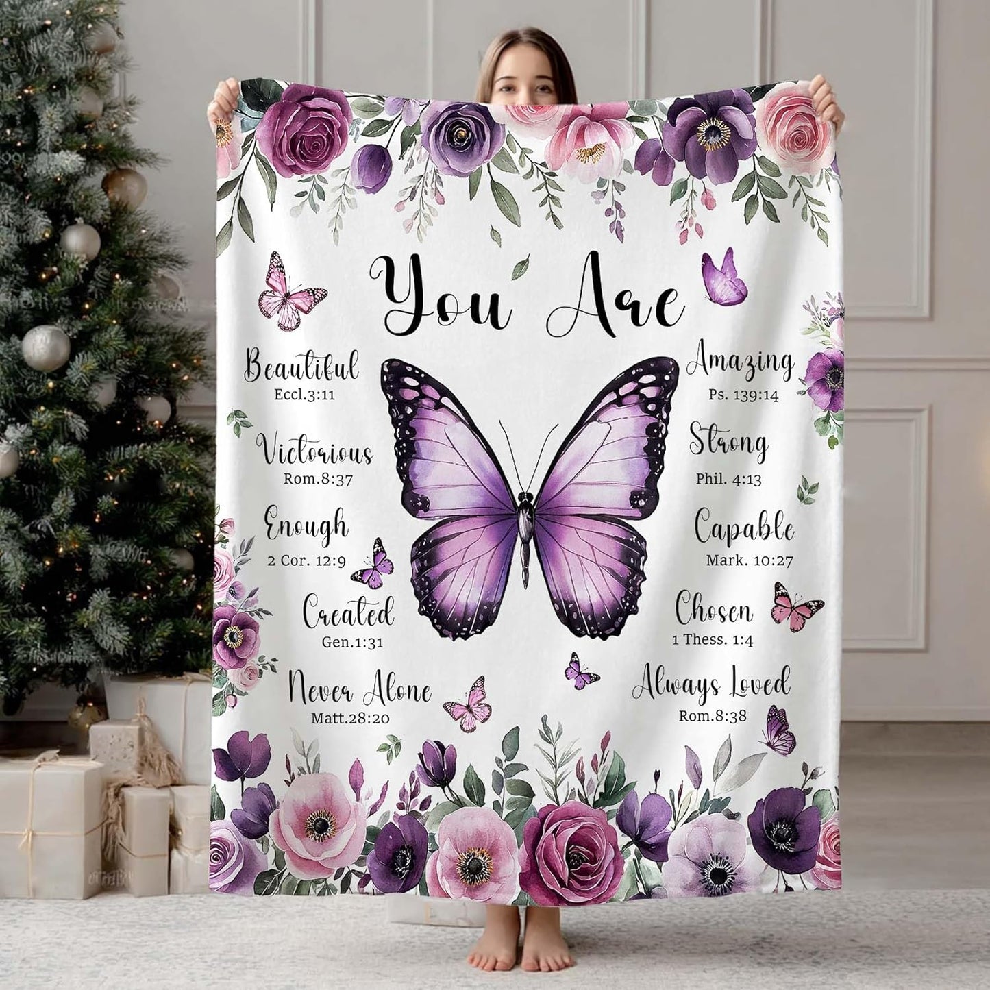 MASLEK Purple Butterfly Floral Flannel Blanket Cozy Throw with Inspirational Quote for Women Girls Home Bedroom 60x80 Inch