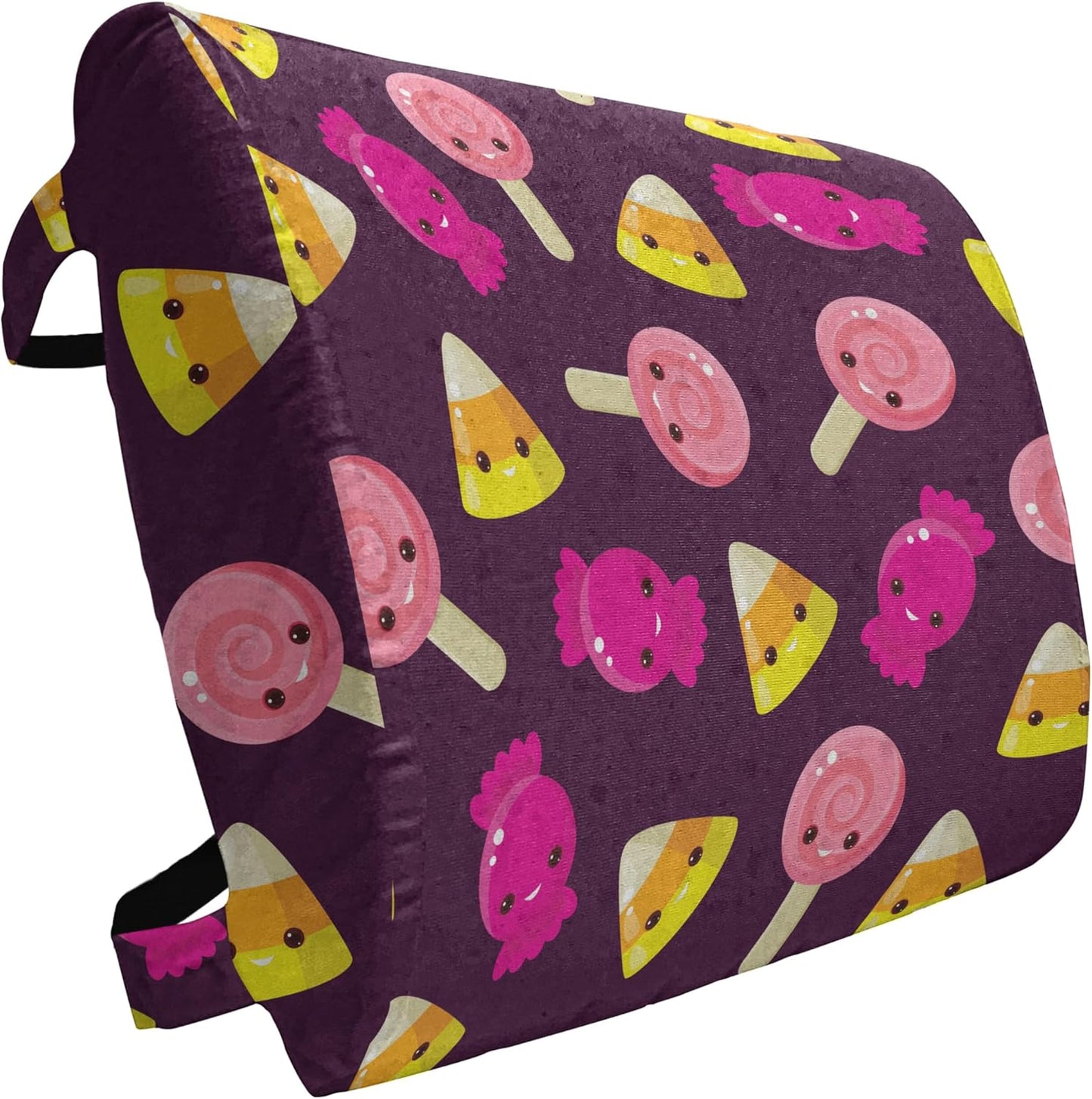 Lunarable Candy Corn Lumbar Back Support Pillow, Pattern of Kawaii Style Funny Sweets with Eyes Lollipop Print, High Density Foam for Office Chairs Car Seats, 14" x 13", Dark Mauve and Multicolor