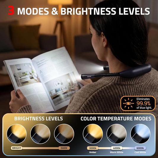 GearLight Rechargeable Book Light for Reading in Bed – Hands-Free LED Neck Light with 3 Light Modes, Adjustable Brightness, for Reading, Knitting, Crochet, Crafts, Sewing & Travel – 1 Pack